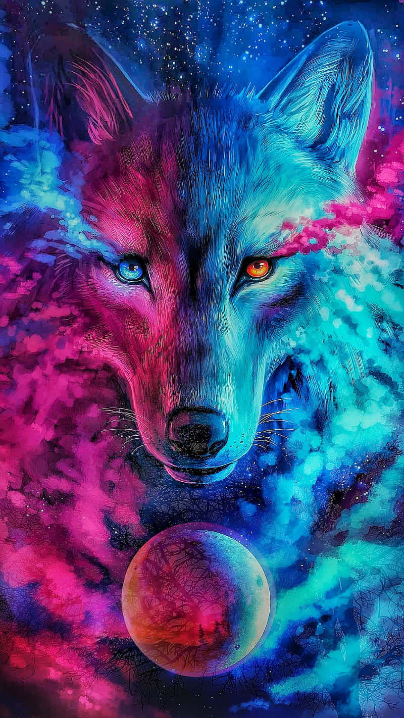 Pink Wolf 桌布 壁紙 — 一隻擁有異色瞳的宇宙狼，在下方有發光行星的鮮豔星雲背景下向前凝視。