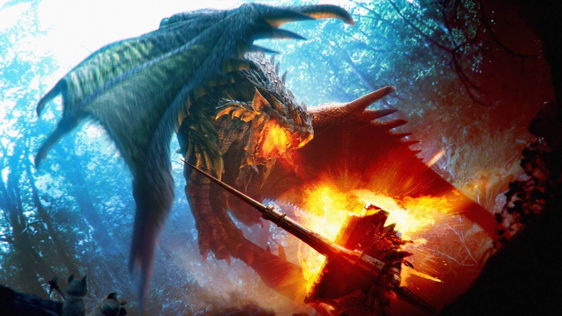 Monster Hunter 桌布 壁紙 — 一隻擁有發光橙色眼睛和火焰呼吸的巨大龍在迷霧森林中咆哮，而一名戰士用火焰長矛反擊。