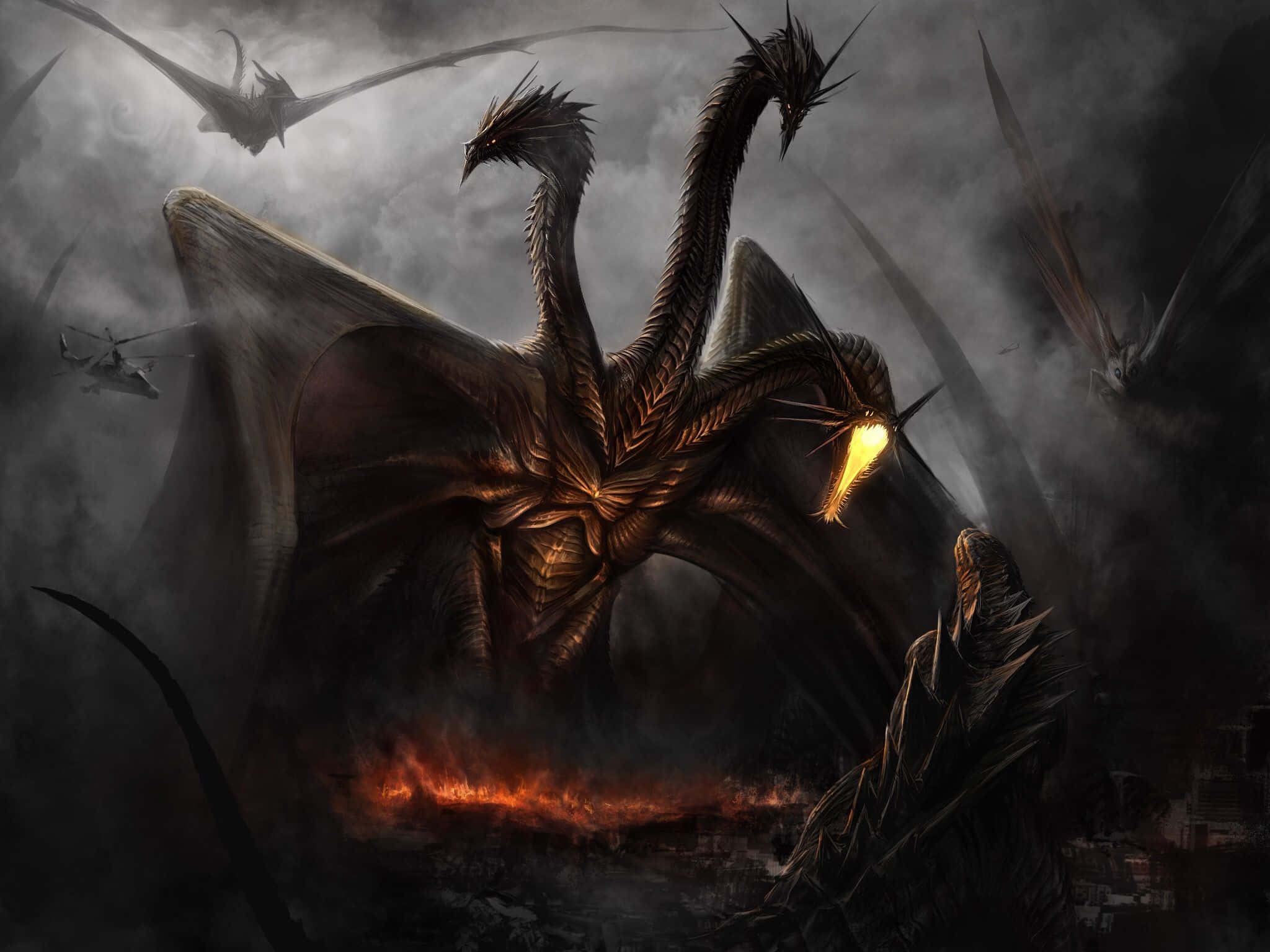 King Ghidorah 桌布 壁紙 — 一隻擁有發光眼睛和巨大翅膀的龐大三頭龍，在直升機飛越頭頂的煙霧戰場上佔據主導地位。
