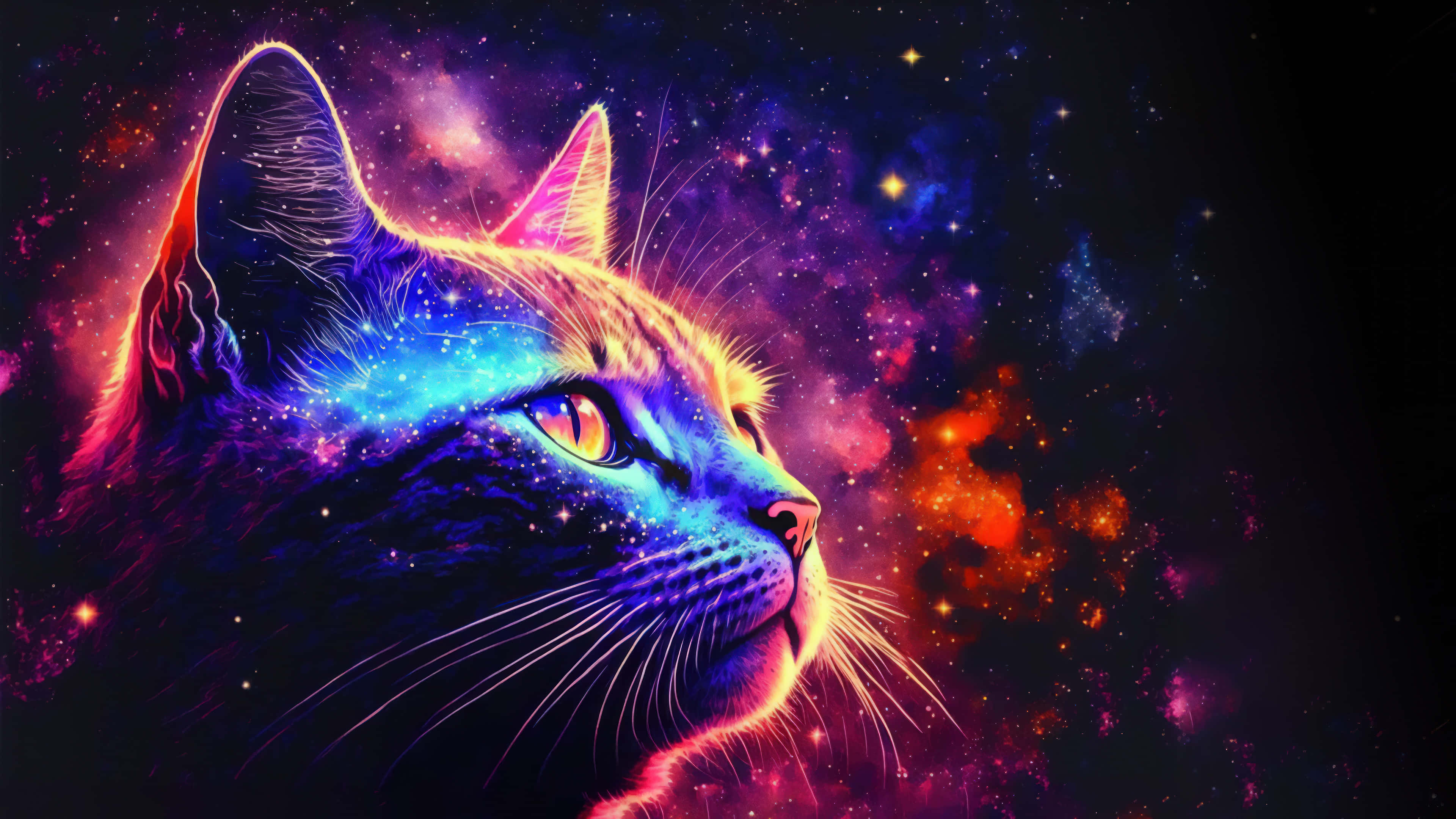 3840x2160 動態圖片 桌布 壁紙 — 一隻擁有發光眼睛和星狀毛髮的宇宙貓咪，凝視著充滿紫色、橙色和藍色的生動星雲。