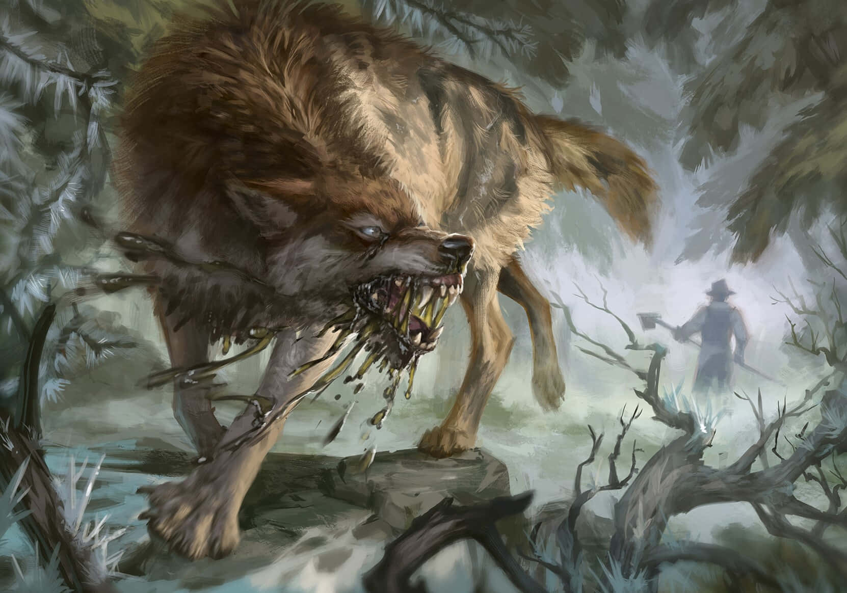 Wolf Art 桌布 壁紙 — 一隻擁有發光眼睛和滴落獠牙的怪獸狼穿過迷霧森林撲來，背景中一個孤獨的身影手持斧頭準備就緒。