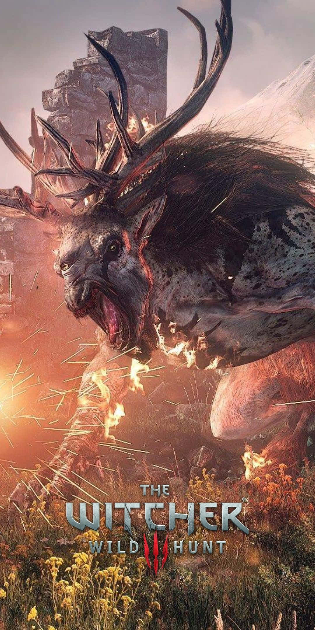Pixel 3 The Witcher 3 桌布 壁紙 — 一隻擁有發光眼睛和火焰鹿角的怪獸雄鹿，在燃燒的田野中咆哮，背景有一座毀壞的塔樓。