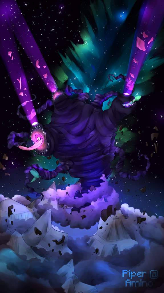Wither 桌布 壁紙 — 一隻擁有發光眼睛和觸手的巨大紫色宇宙怪物，從暴風雲中衝出，背景是繁星點點的極光天空。