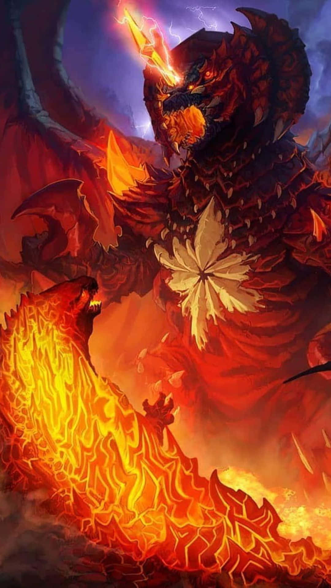 Godzilla Vs Destoroyah 桌布 壁紙 — 一隻擁有發光眼睛和閃電角的巨大火龍在暴風雨天空下的熔岩河上咆哮。