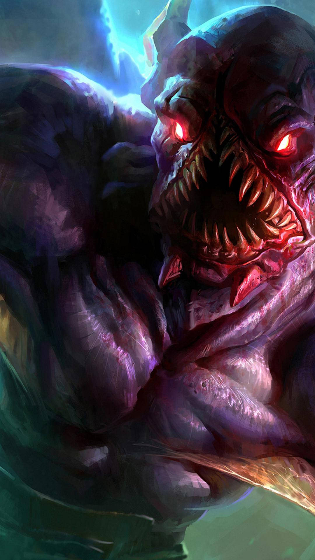 dota 2 iPhone 桌布 壁紙 — 一隻擁有發光紅眼和尖銳牙齒的怪物，在黑暗空靈的背景中威脅性地逼近。