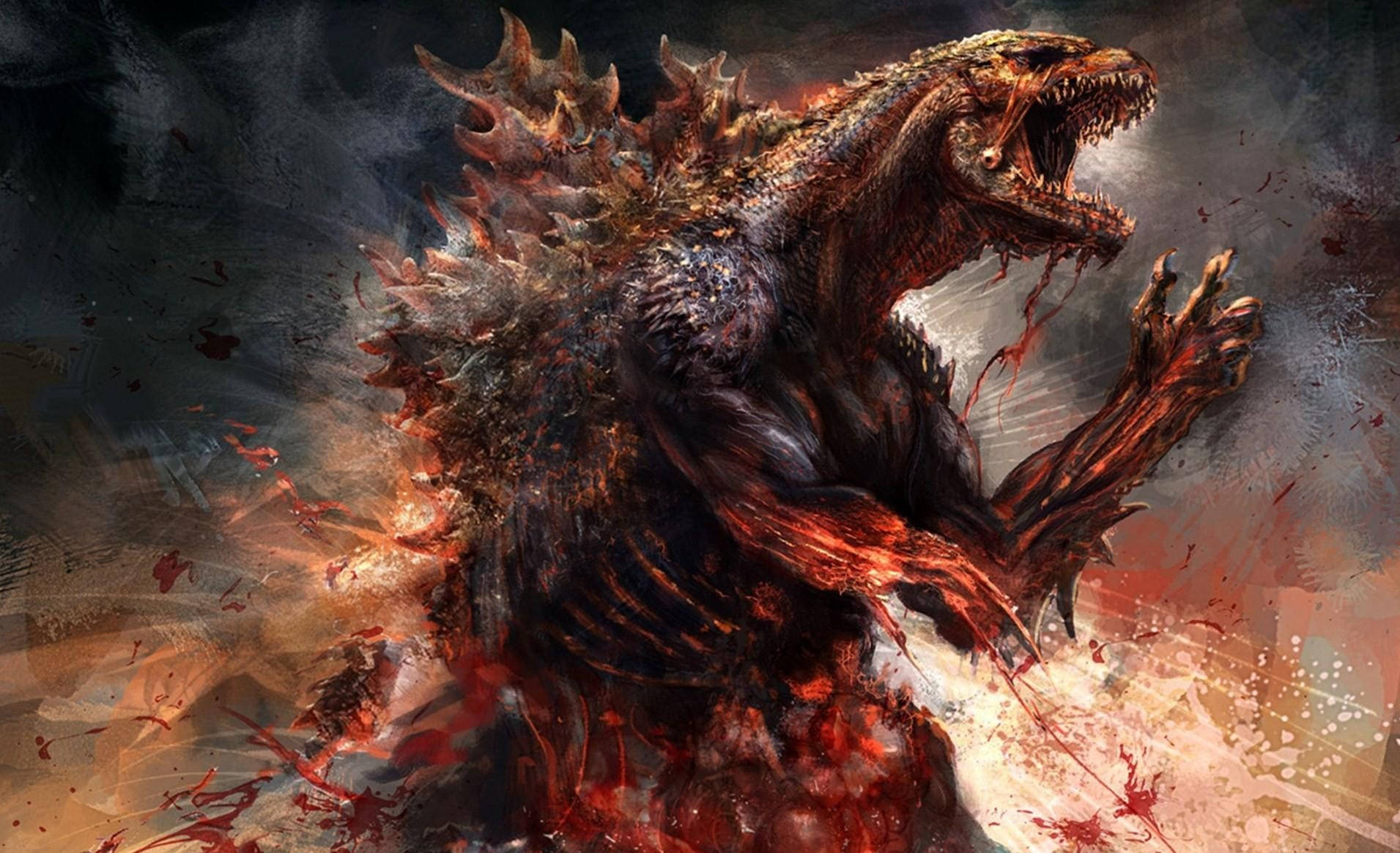 shin godzilla 桌布 壁紙 — 一隻擁有發光紅眼和血淋淋爪子的怪獸哥吉拉，在熾熱的混亂和飛濺的血腥中咆哮。