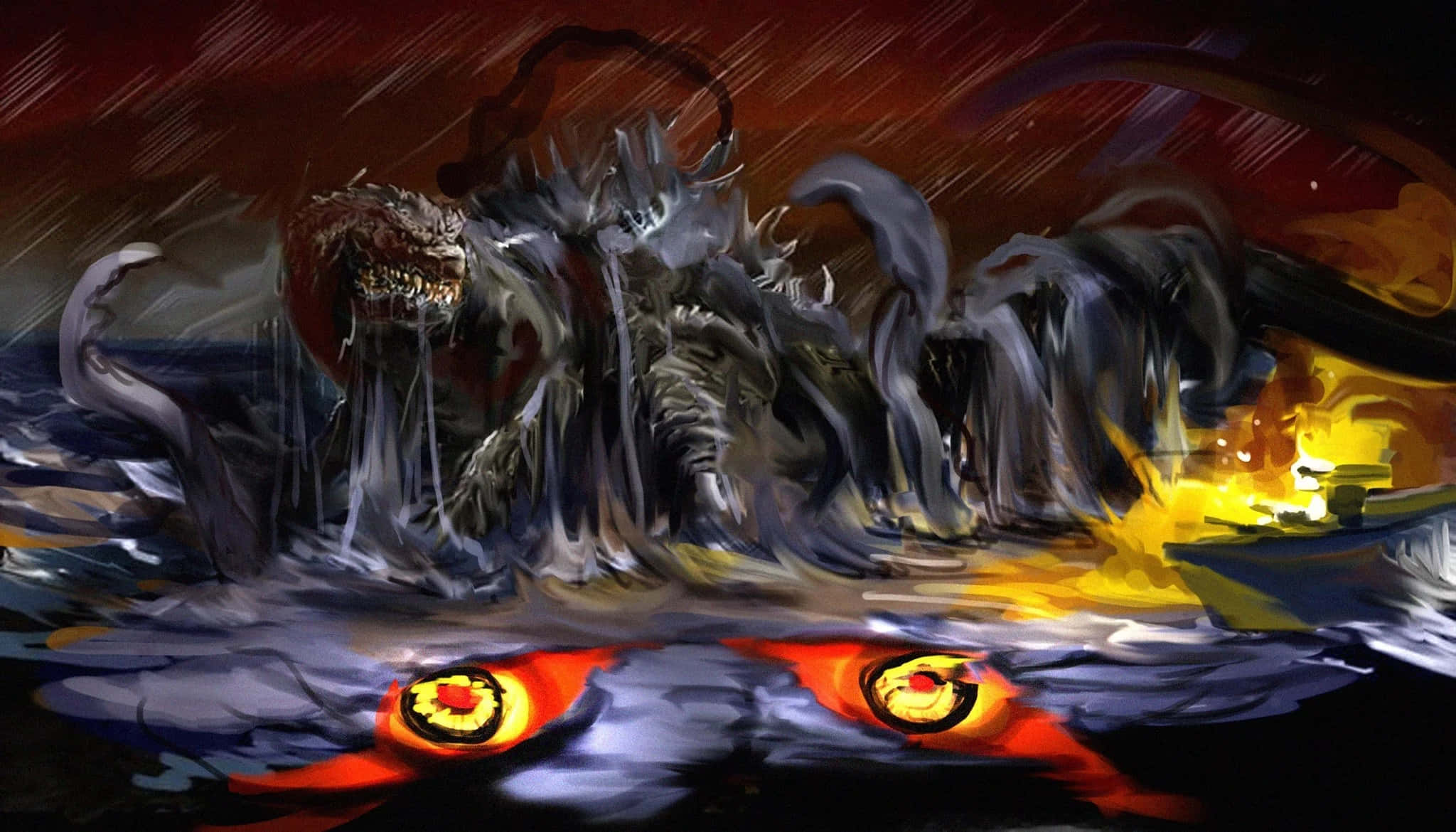 Monsterverse 桌布 壁紙 — 一隻擁有發光紅眼和鋸齒狀觸手的怪獸級海洋生物，在火紅天空下從洶湧海水中爆發而出。