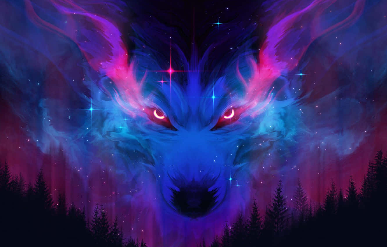 Wolf Eyes 桌布 壁紙 — 一隻擁有發光紅眼的宇宙狼從黑暗森林剪影上方的星雲中浮現。