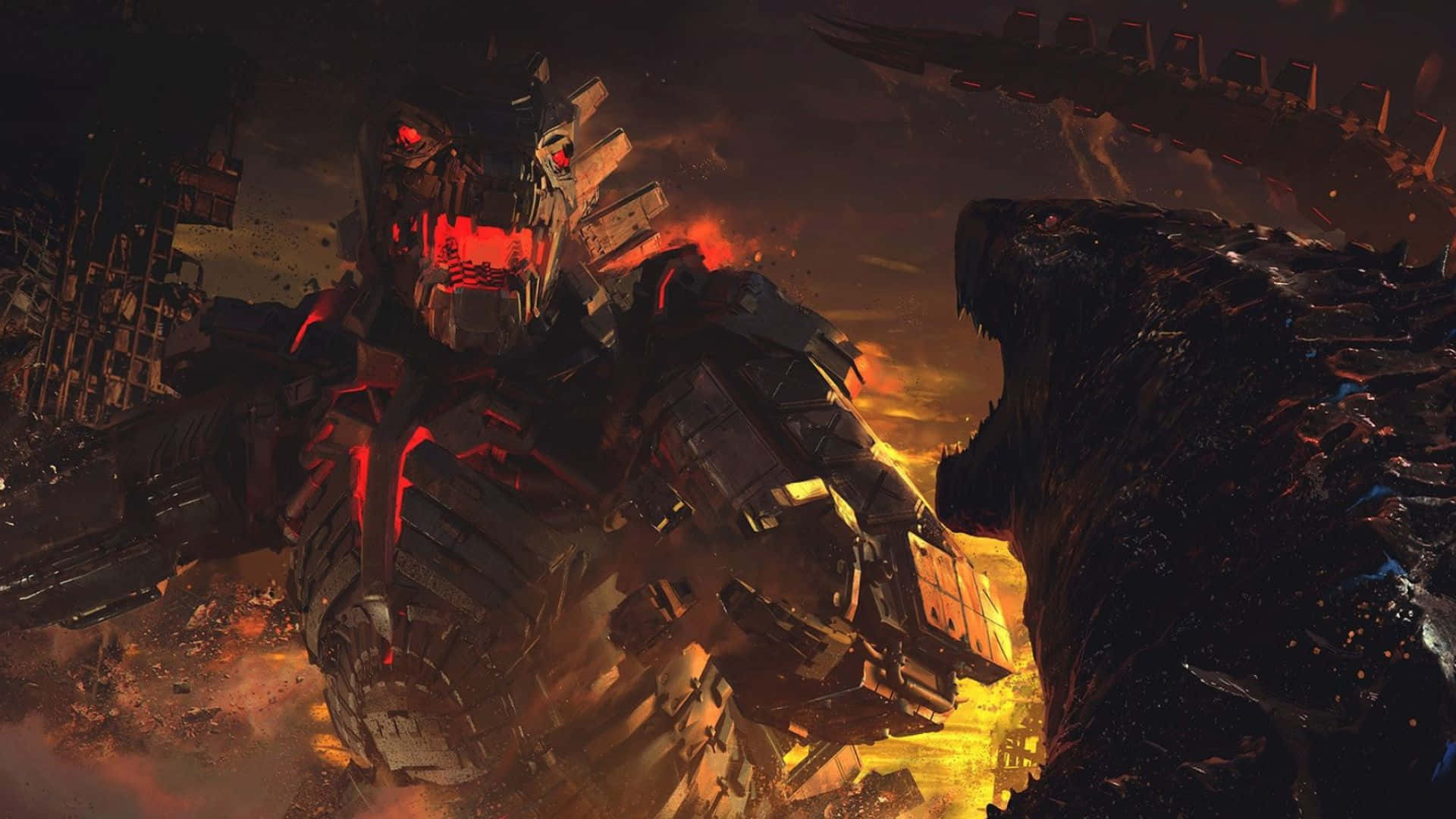 Godzilla Vs Mechagodzilla 桌布 壁紙 — 一隻擁有發光紅眼的巨大機械怪物，在黑暗天空下，於燃燒的廢墟中與一隻巨大的爬蟲類野獸交戰。
