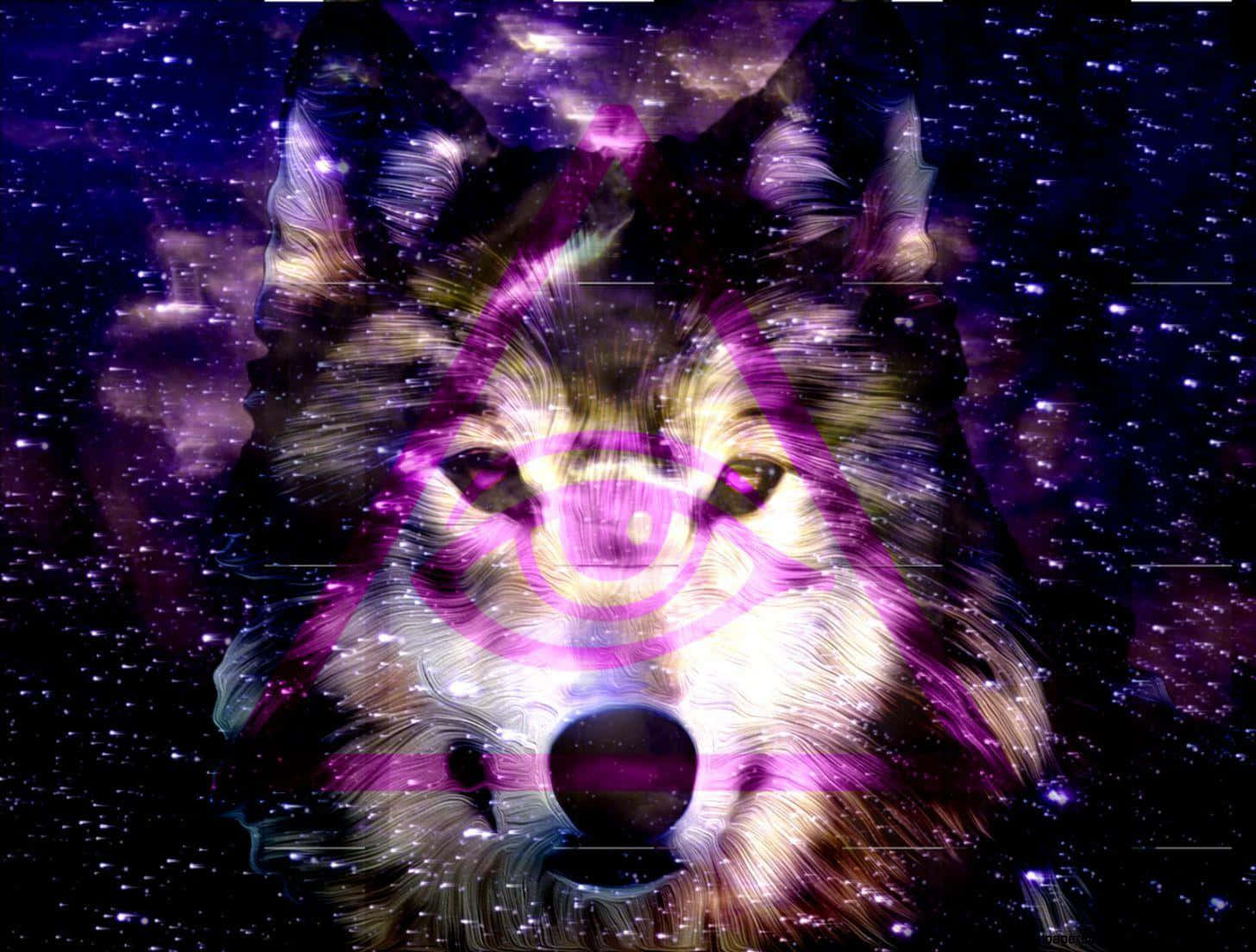 Pink Wolf 桌布 壁紙 — 一隻擁有發光紫色眼睛和星塵毛髮的宇宙狼，從充滿旋轉星系的生動星雲中出現。