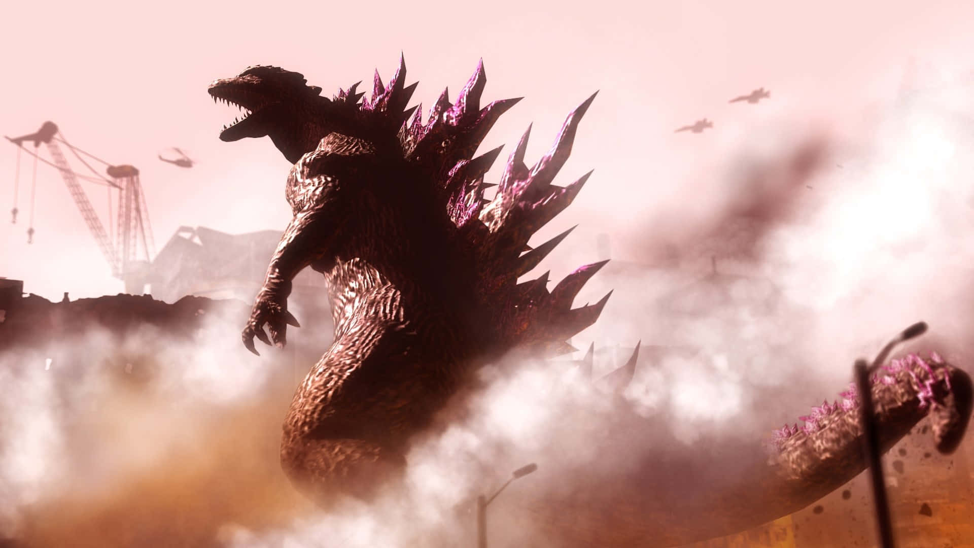 Godzilla 2000 桌布 壁紙 — 一隻擁有發光紫色背鰭的巨大哥吉拉，從煙霧中出現在廢墟城市景觀中，天空朦朧粉紅。
