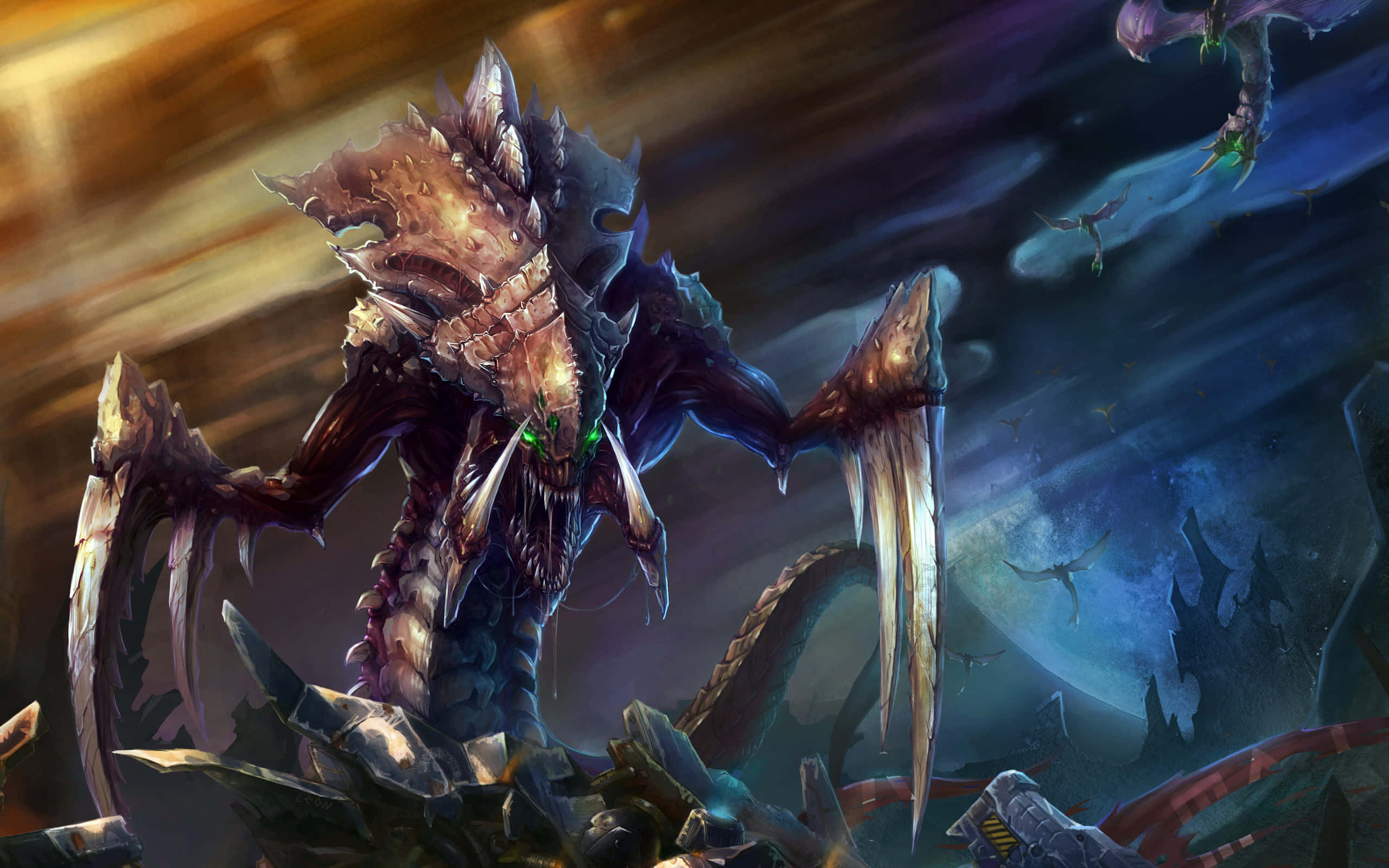 Starcraft Characters 桌布 壁紙 — 一隻擁有發光綠色眼睛和鋸齒狀爪子的怪獸龍，在暴風雨黃昏的天空下站在廢墟之上。