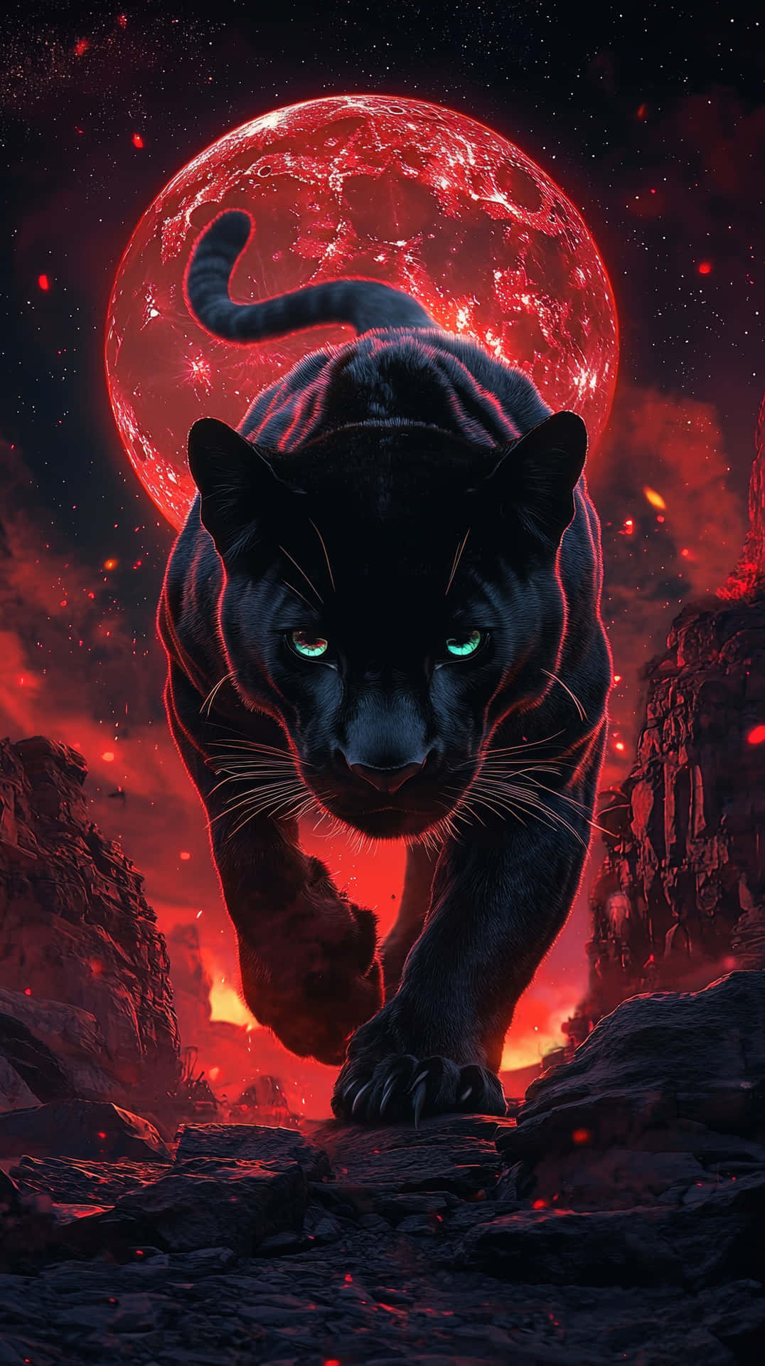 lack panther with glowing green eyes stalking through fiery red moonlit canyon 壁紙 — 一隻擁有發光綠色眼睛的黑豹，在熾熱的紅色行星和星空下潛行前進。