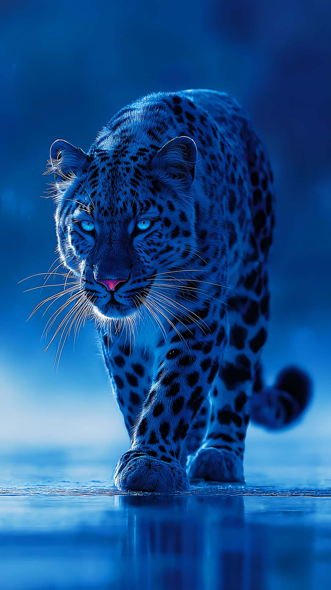 Majestic blue leopard with luminous eyes prowling through a mystical sapphire landscape 壁紙 — 一隻擁有發光藍色眼睛的豹子在單色藍光下穿過淺水向前邁進。