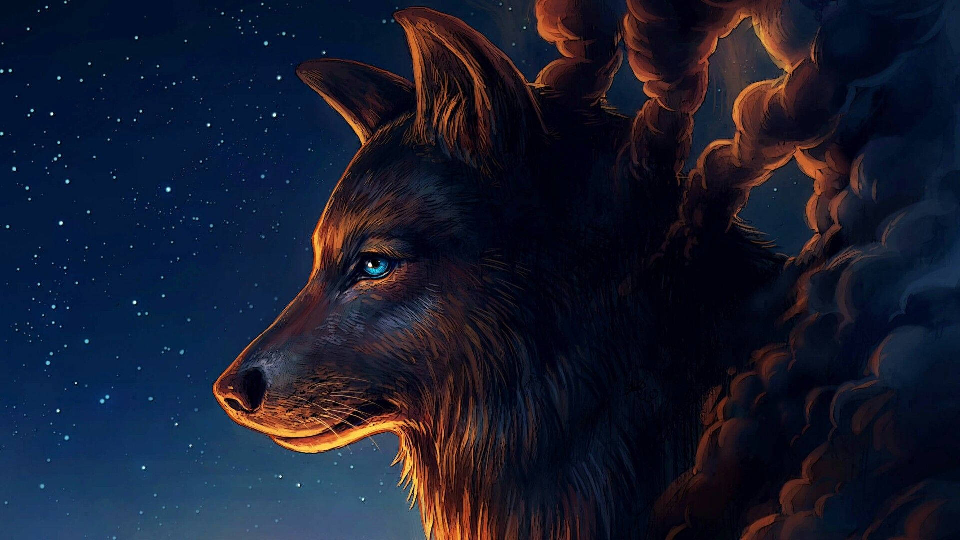 HD Wolf 桌布 壁紙 — 一隻擁有發光藍色眼睛的雄偉狼，在由旋轉的烏雲框住的星空夜空下向上凝視。