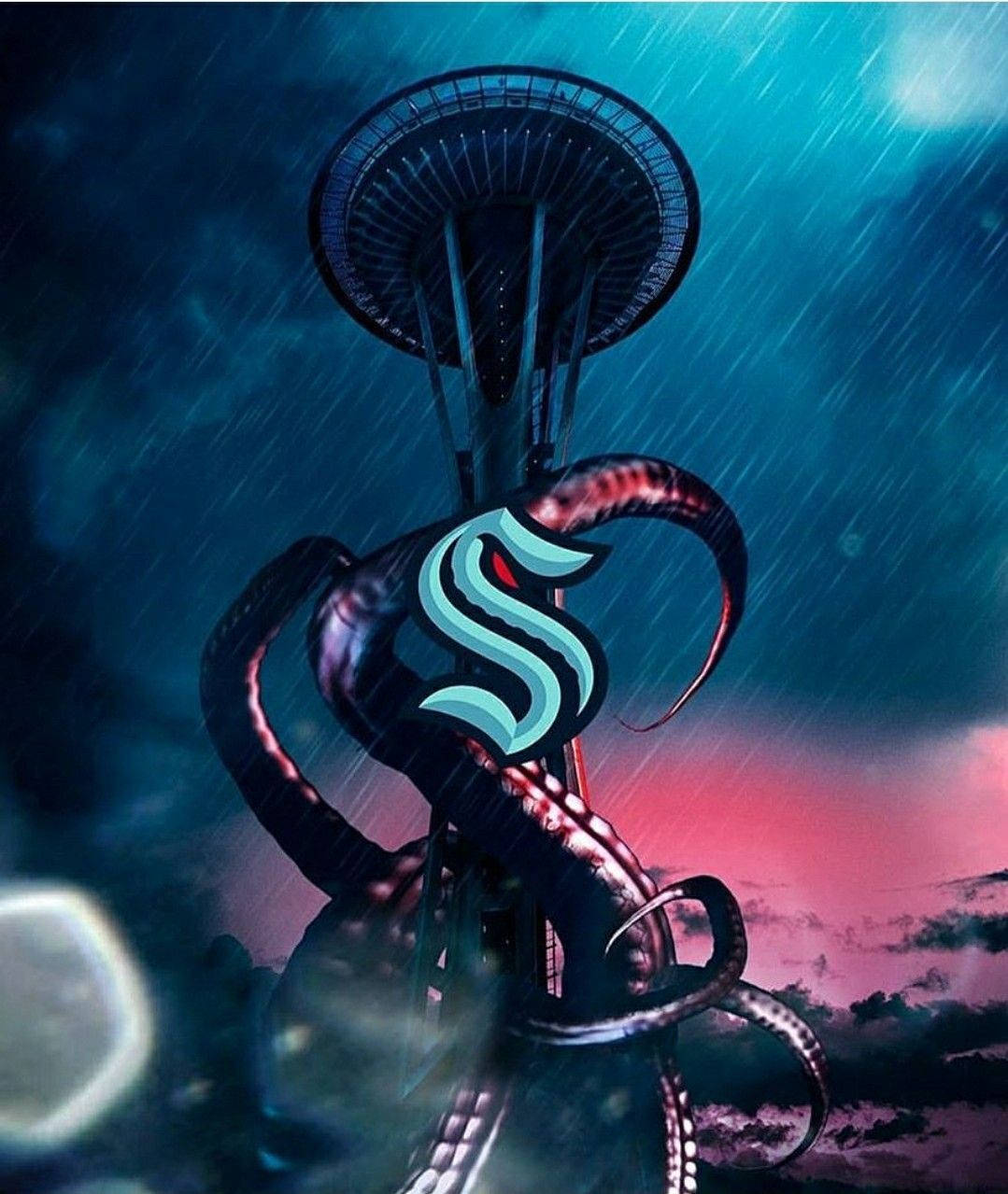 Kraken 桌布 壁紙 — 一隻擁有發光觸手的巨型章魚纏繞著太空針塔，背景是風暴中霓虹燈閃爍的西雅圖天際線。