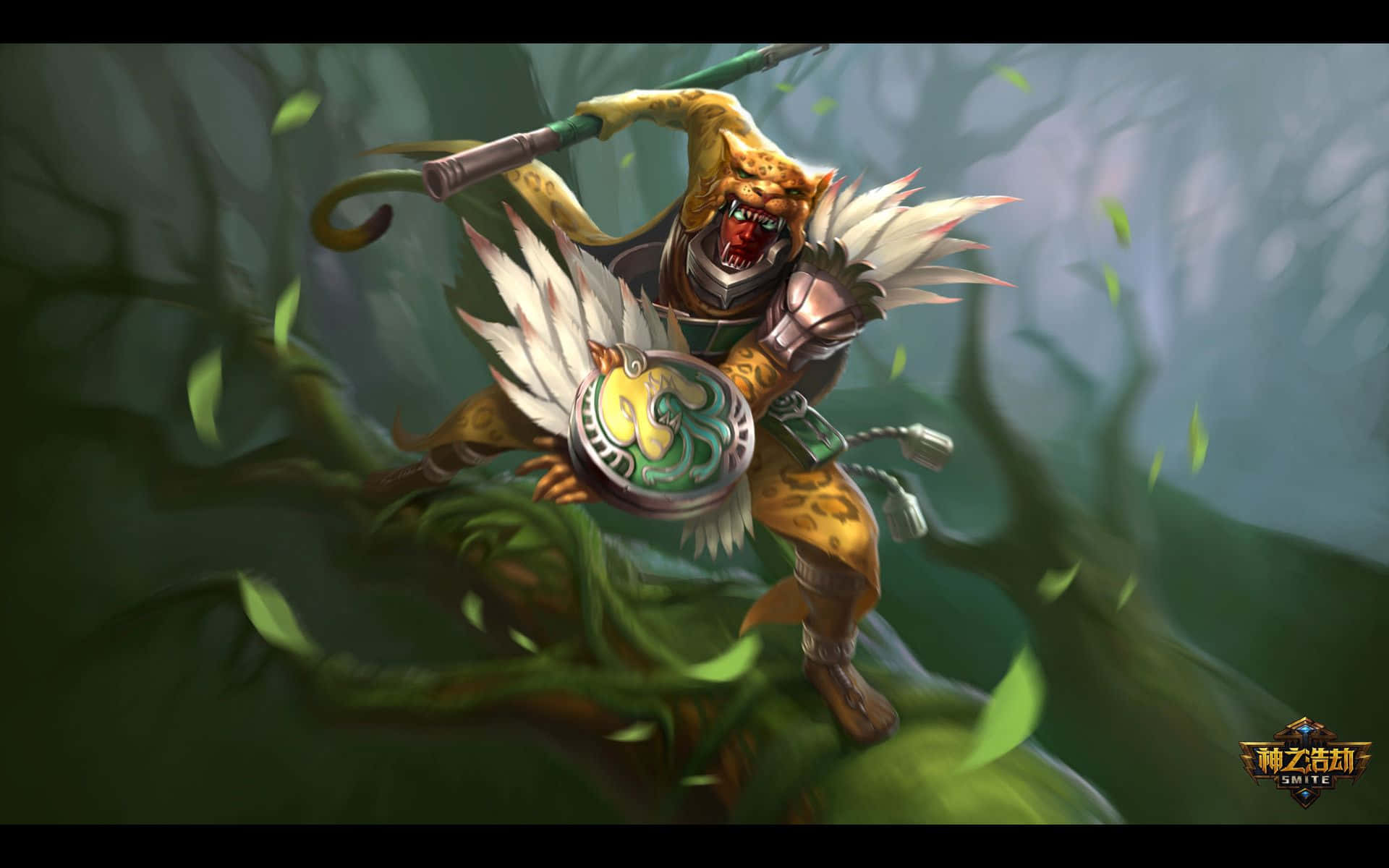 Smite 桌布 壁紙 — 一隻擁有白色羽毛翅膀的兇猛老虎戰士，揮舞著法杖和盾牌，跳躍穿過迷霧森林。