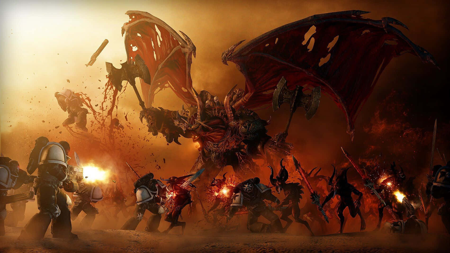 Demon Fighting 桌布 壁紙 — 一隻擁有破爛翅膀的巨大惡魔龍，在烈火熊熊的末日戰場上與身穿盔甲的戰士戰鬥。