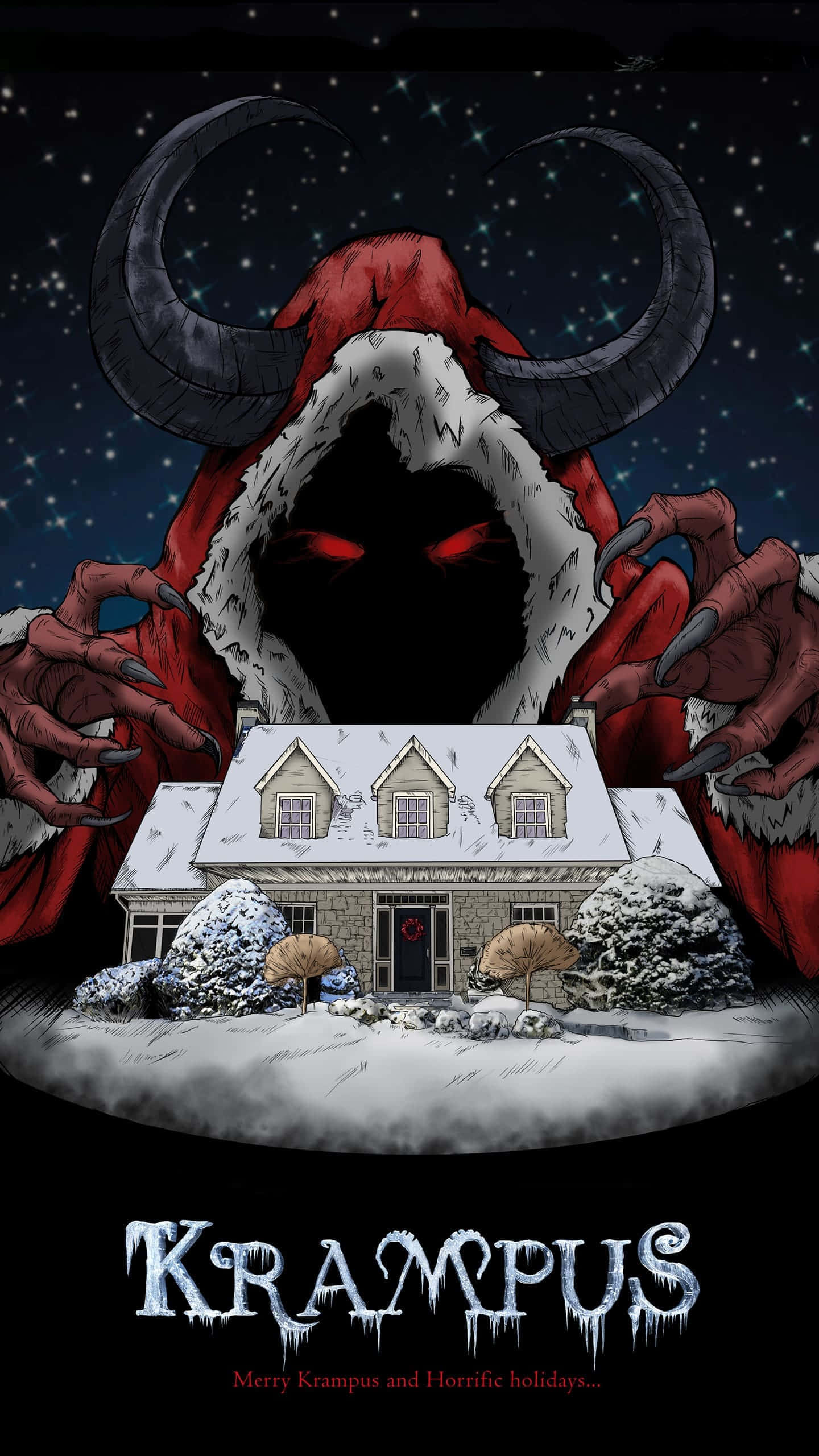 Krampus 桌布 壁紙 — 一隻擁有紅色眼睛和黑色角的怪物Krampus，在繁星點點的夜空下，籠罩著一間被雪覆蓋的房子。