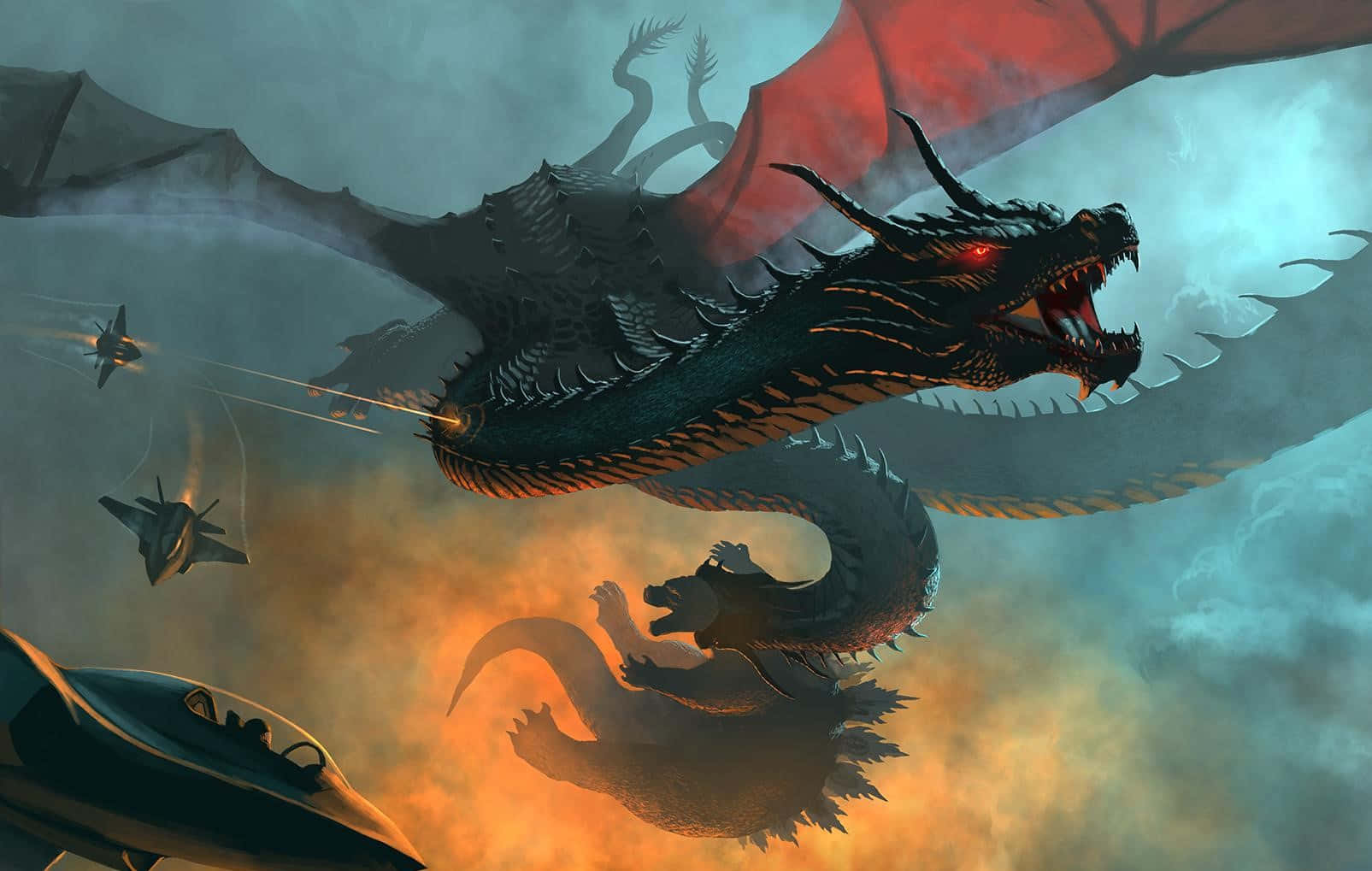 King Ghidorah 桌布 壁紙 — 一隻擁有紅色翅膀和發光眼睛的巨大黑色龍在暴風雨中翱翔，戰鬥機向牠開火，而哥吉拉從下方出現。