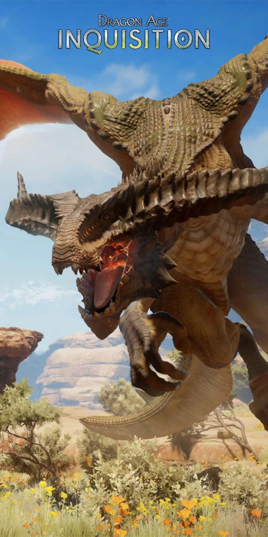 Pixel 3 Dragon Age Inquisition 桌布 壁紙 — 一隻擁有紋理鱗片和發光眼睛的巨龍，在充滿野花的沙漠峽谷上空猛烈咆哮。