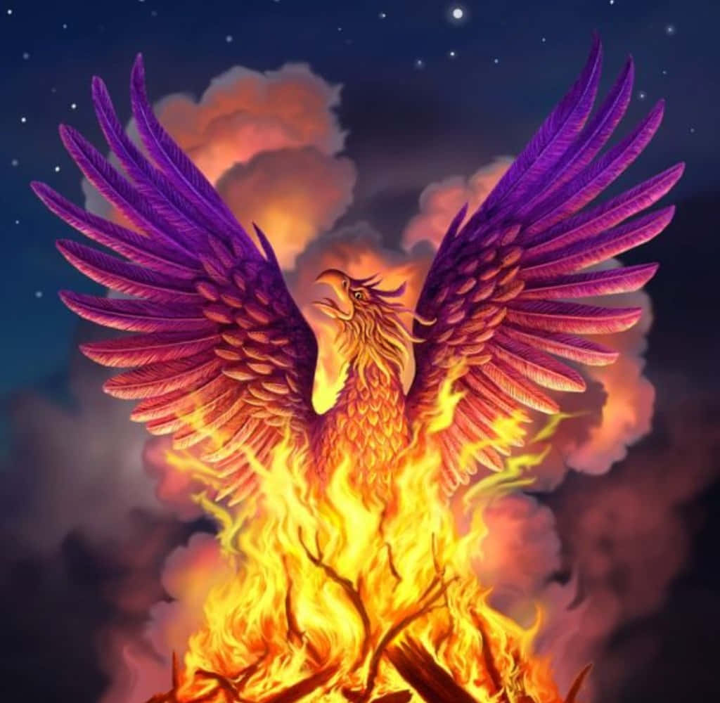 一隻神話中的鳳凰，擁有紫色翅膀，在星空下從火焰中升起。 — 鳳凰 GIF 壁紙