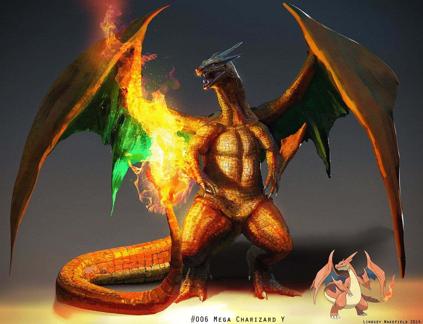 Charizard Pokemon 桌布 壁紙 — 一隻擁有綠色尖端翅膀的巨型火焰龍咆哮著釋放火焰，使前景中的小火龍顯得渺小。