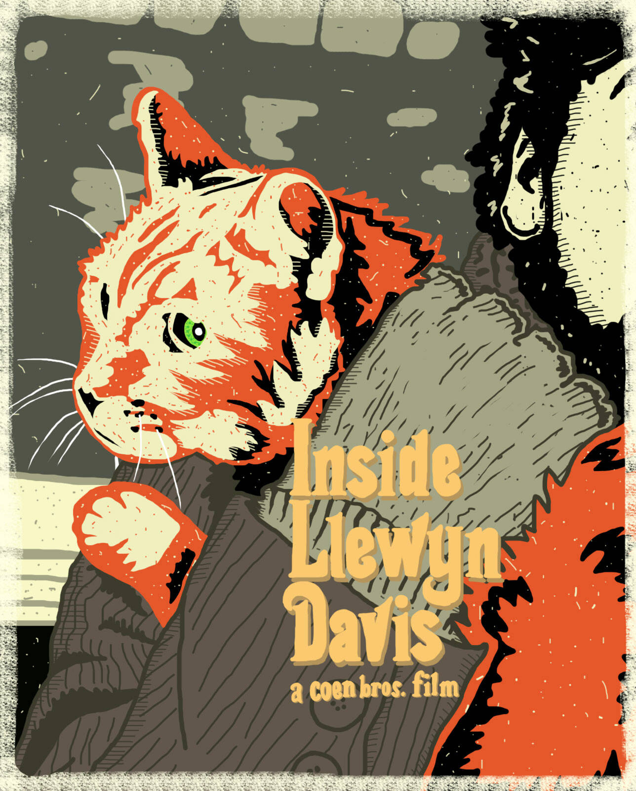 inside llewyn davis 桌布 壁紙 — 一隻擁有綠色眼睛和橙色毛髮的貓咪，在紋理灰色背景前，從一個人肩膀後探頭窺視的風格化插圖。
