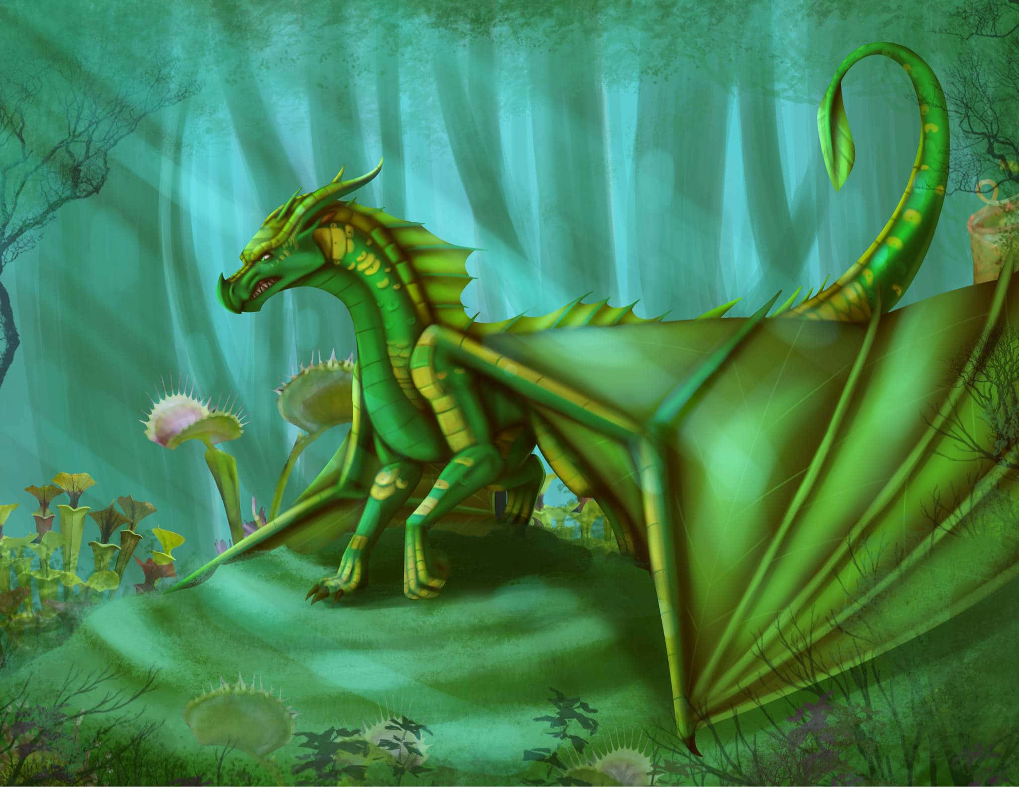 Wings Of Fire 桌布 壁紙 — 一隻擁有葉狀翅膀的雄偉綠色巨龍，矗立在迷霧魔法森林中發光的食肉植物之間。