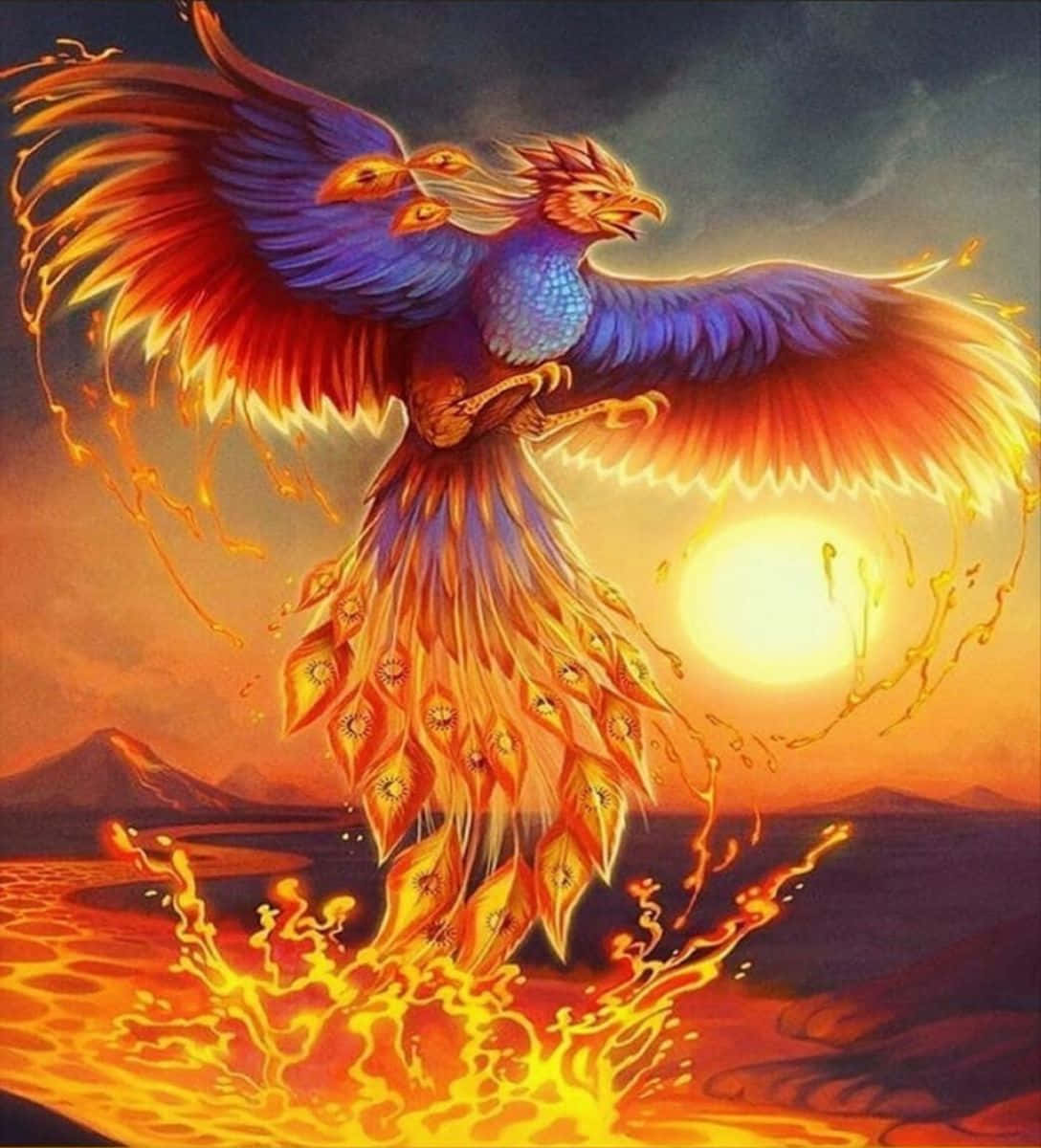 一隻神話中的鳳凰，擁有藍色和橙色羽毛，在燦爛的陽光下從熔岩中出現。 — 鳳凰 GIF 壁紙