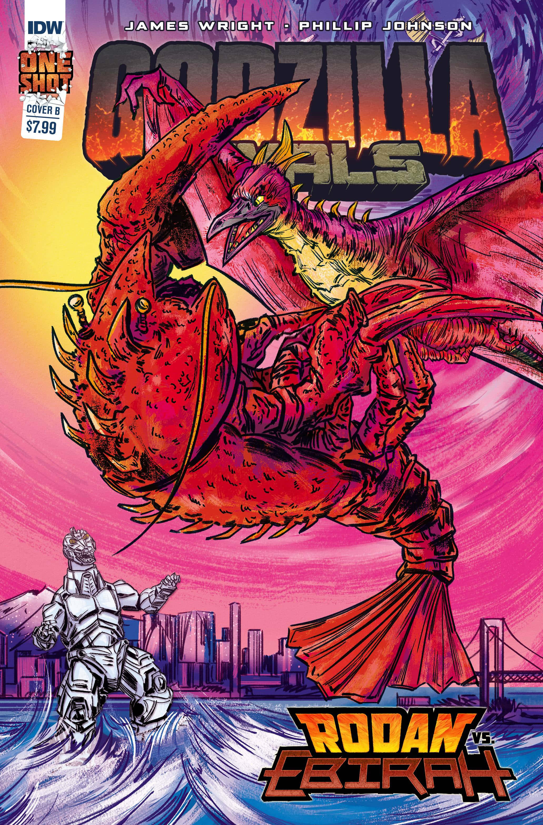 Godzilla Vs Rodan 桌布 壁紙 — 一隻擁有蝙蝠翅膀的巨大紅色巨龍，在充滿活力的粉紅色和橙色天空下，與一隻巨型龍蝦在城市景觀上空戰鬥。