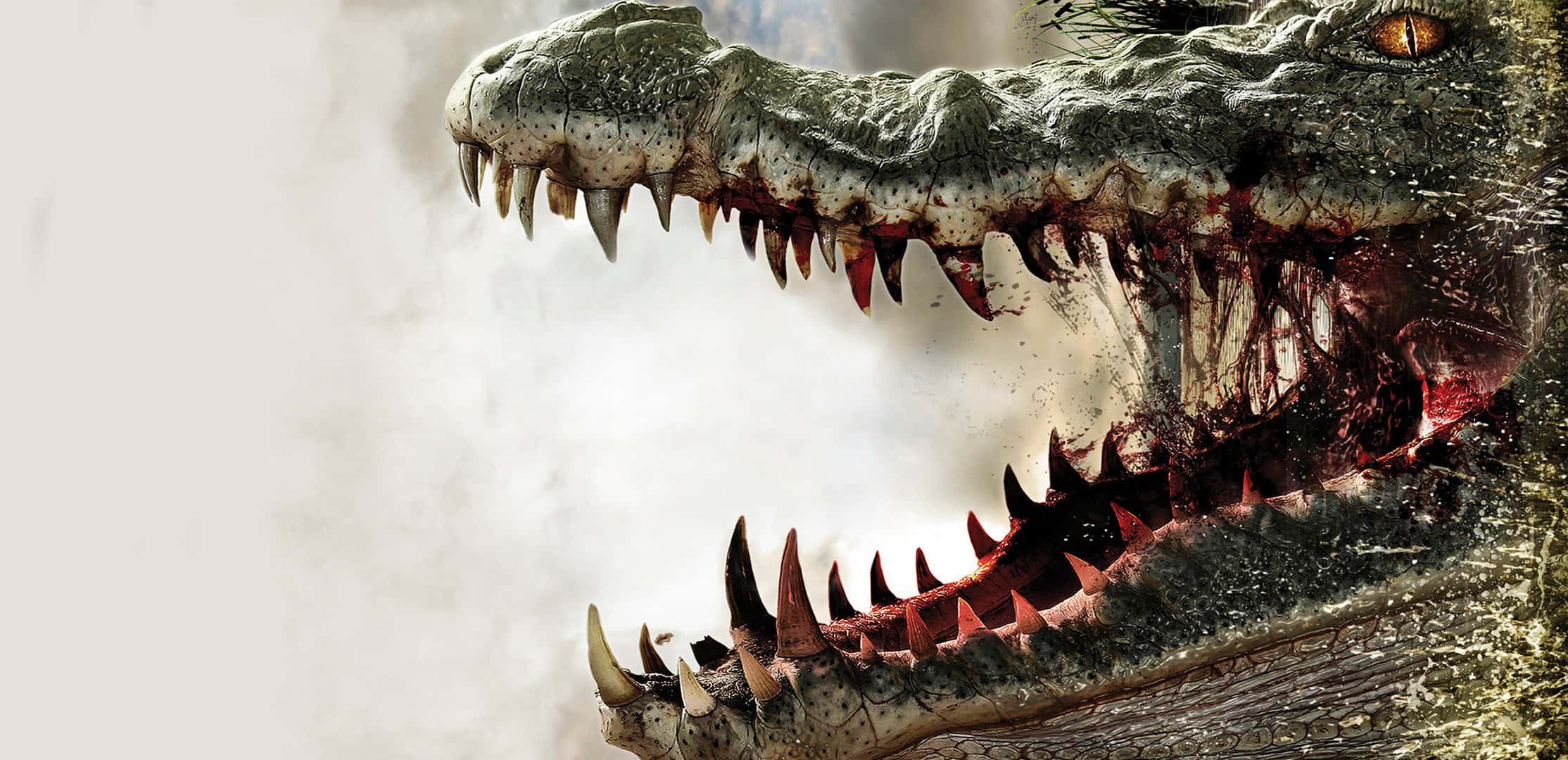 Alligator 桌布 壁紙 — 一隻擁有血淋淋牙齒和發光眼睛的怪獸鱷魚，在霧氣瀰漫的背景中張開大嘴咆哮。