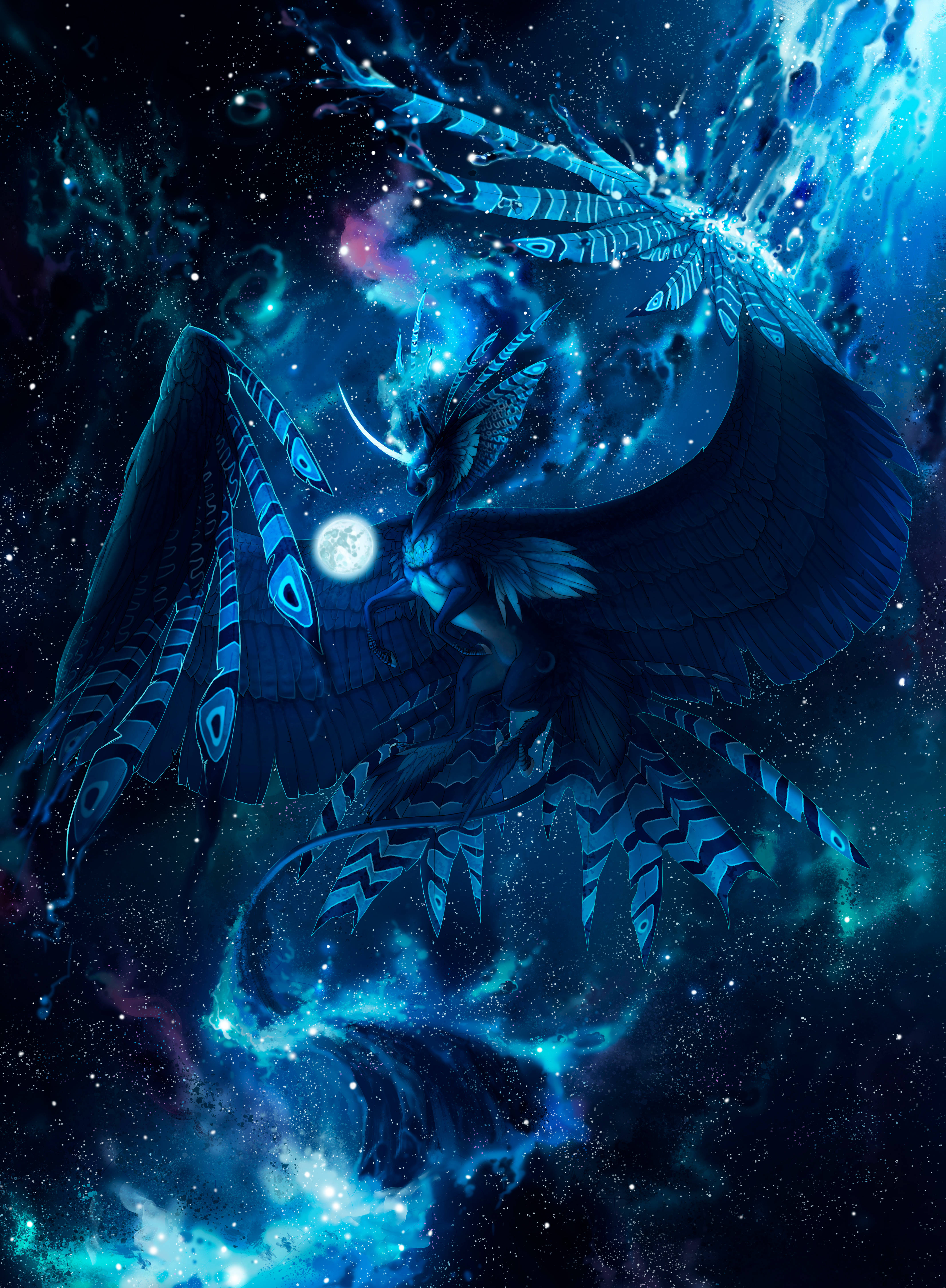 獨角獸 桌布 壁紙 — 一隻擁有複雜羽毛圖案的雄偉藍龍，在充滿星星和發光氣體雲的充滿活力的宇宙星雲中翱翔。