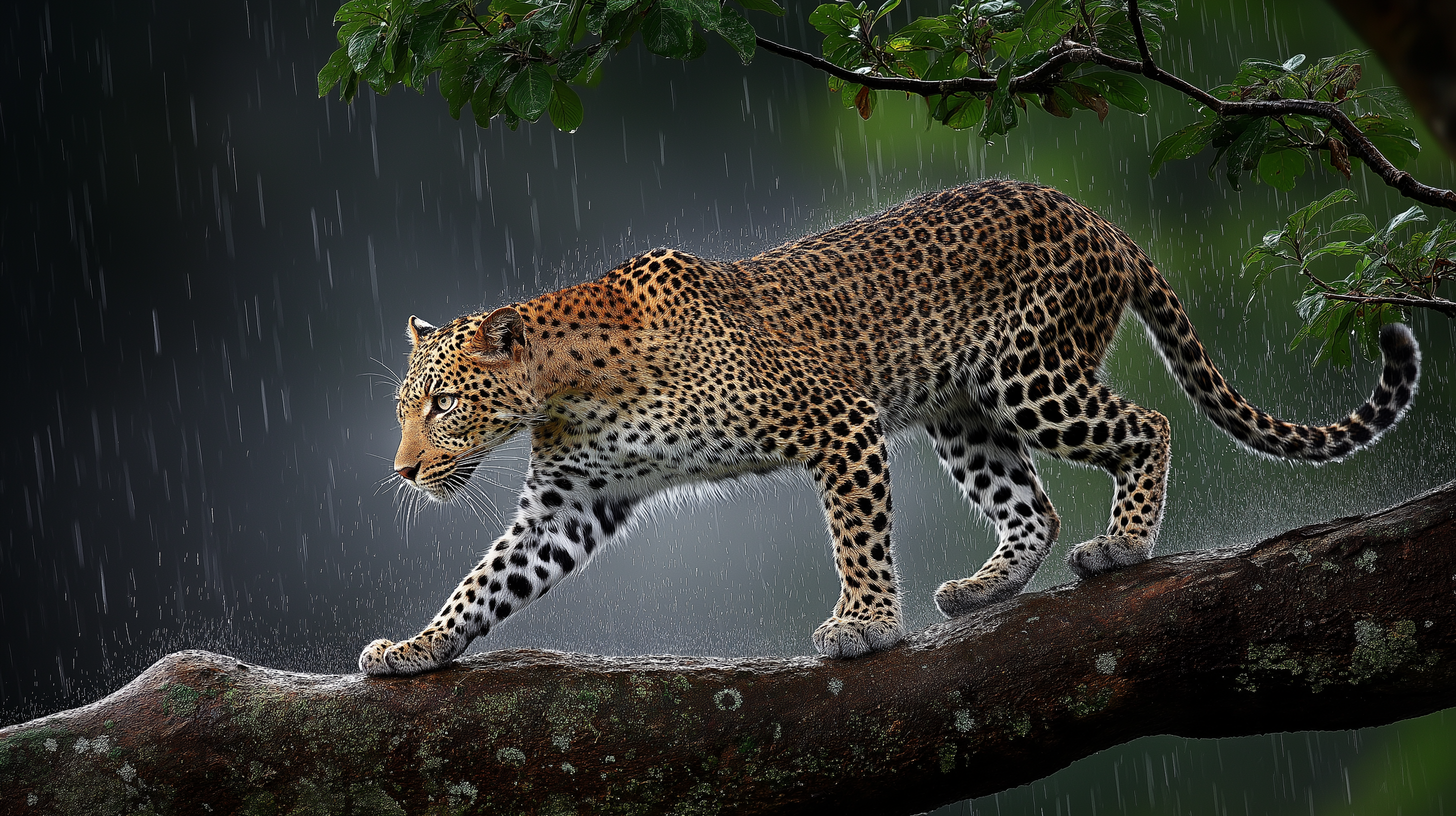 wildlife 桌布 壁紙 — 一隻擁有金色皮毛和黑色玫瑰斑點的花豹在暴雨中優雅地走在長滿苔蘚的樹枝上。