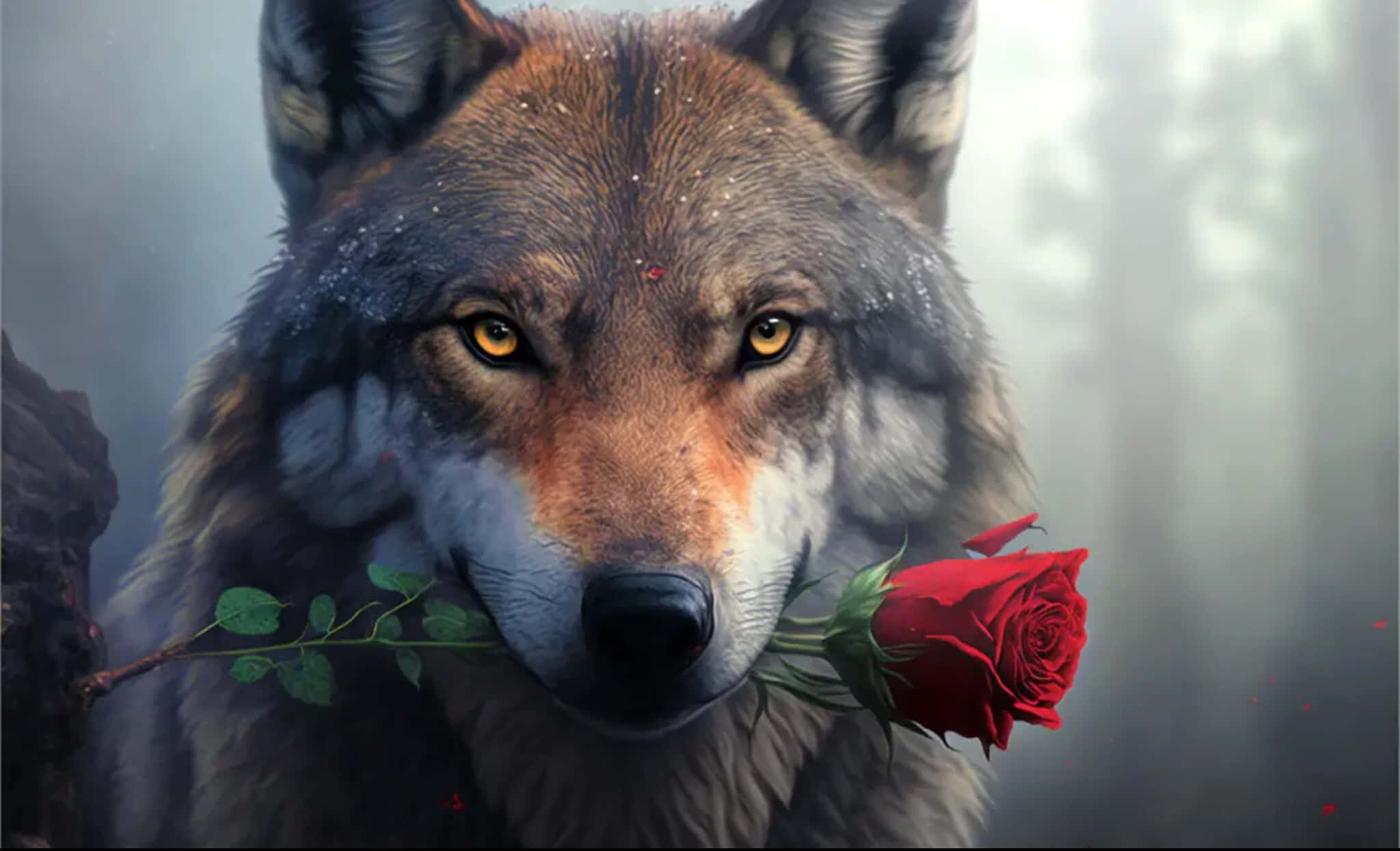 Alpha Wolf 桌布 壁紙 — 一隻擁有金色眼睛的雄偉狼，在霧氣瀰漫的森林背景下，嘴裡叼著一朵鮮豔的紅玫瑰。