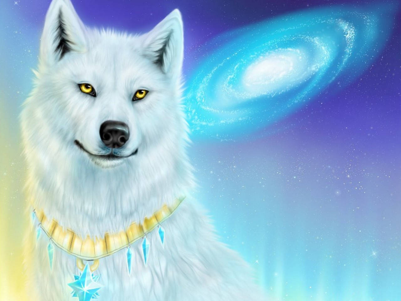 金色眼睛的白狼戴著水晶項鍊，背景是宇宙星系 — 銀河狼 壁紙