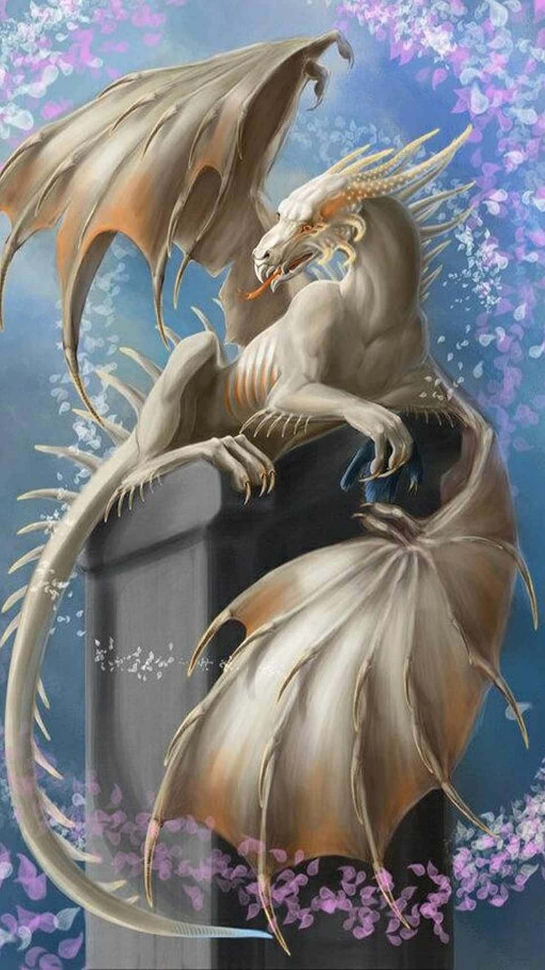 Mystical Dragon 桌布 壁紙 — 一隻擁有金色角的雄偉白龍棲息在黑暗的柱子上，周圍是飄落的紫色花朵，背景是藍天。