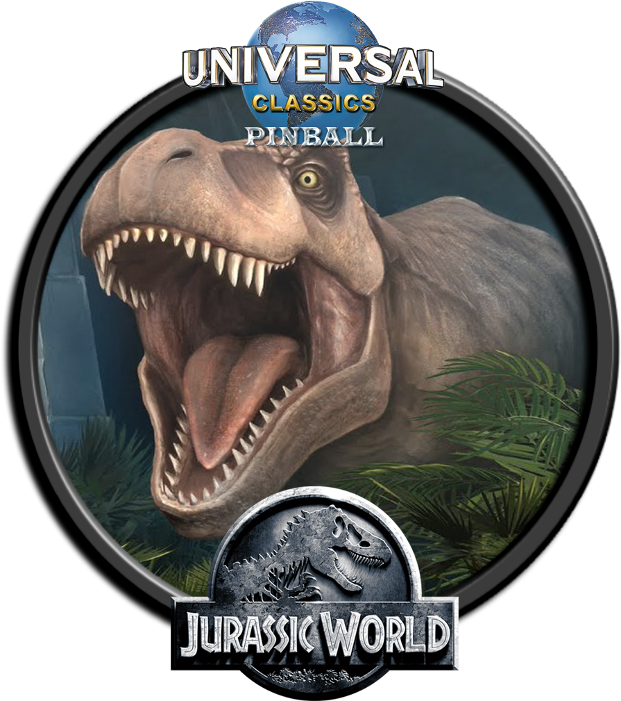 Jurassic World 桌布 壁紙 — 一隻擁有鋒利牙齒和黃色眼睛的咆哮暴龍，從圓形彈珠台遊戲標誌的叢林樹葉中出現。