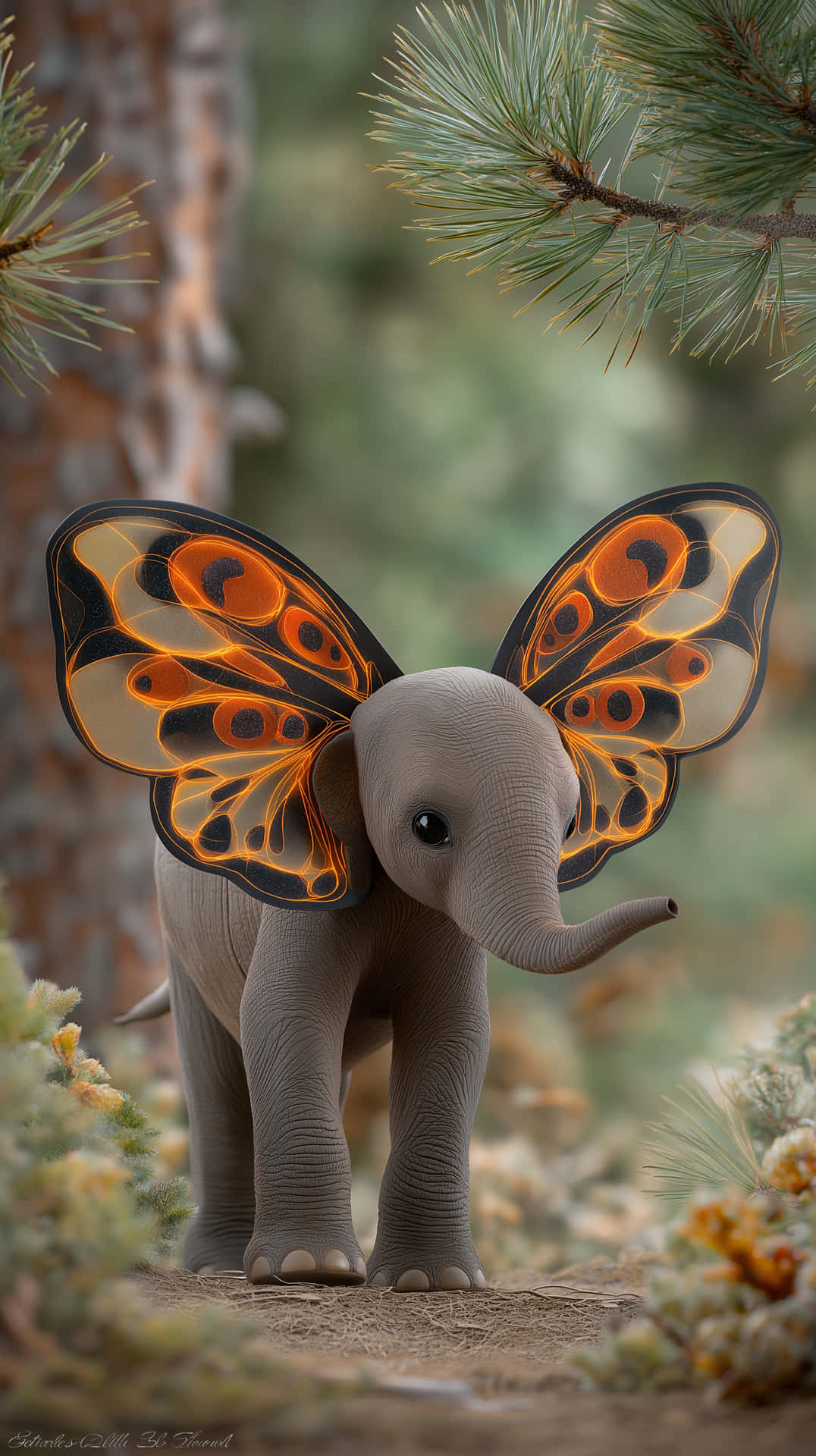 Baby Elephant with Butterfly Wings in Enchanted Forest 壁紙 — 一隻擁有鮮豔橙色和黑色蝴蝶翅膀的小象站在松樹林中的空地。