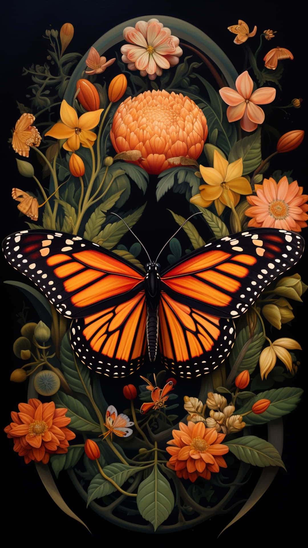 butterfly on a flower 壁紙 — 一隻擁有鮮豔橙色翅膀的帝王斑蝶，在深色背景下，棲息在茂密的綠色樹葉和盛開的橙色桃花之間。