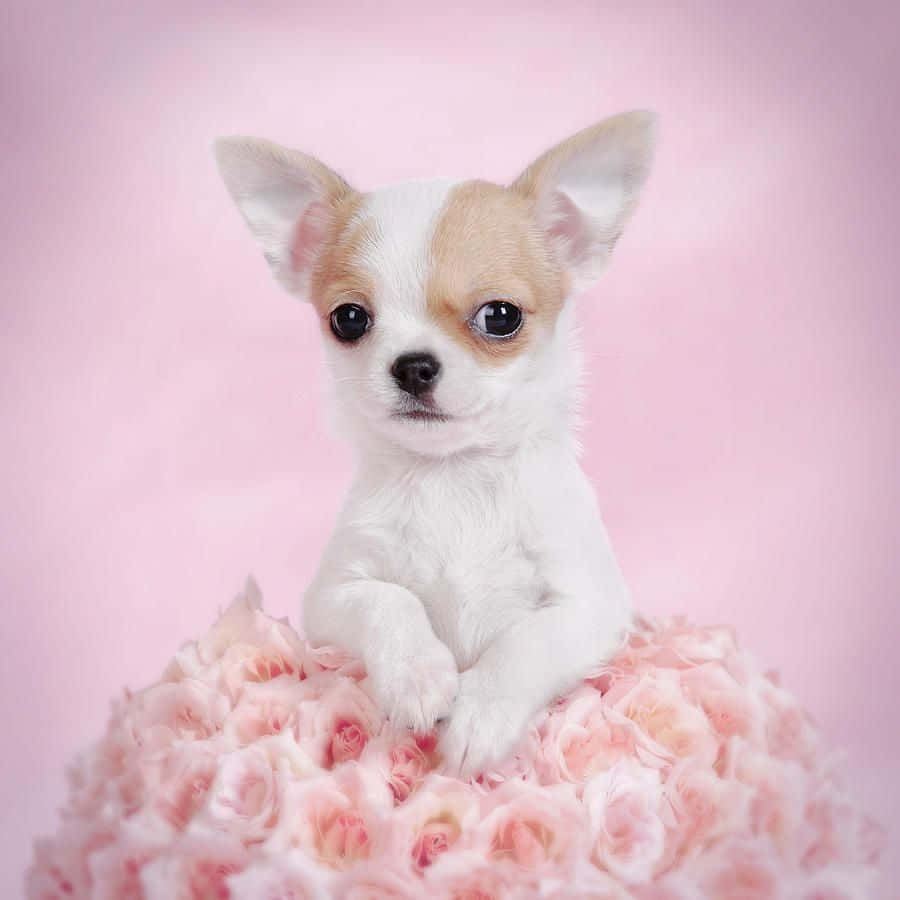 Chihuahua Dog 桌布 壁紙 — 一隻擁有黑色大眼睛的小吉娃娃幼犬，可愛地坐在一堆柔軟的粉紅玫瑰上，背景是粉彩粉紅色。