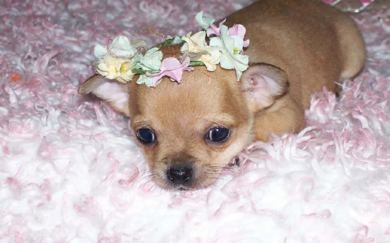 Chihuahua Dog 桌布 壁紙 — 一隻擁有黑色大眼睛的小吉娃娃幼犬，戴著精緻的花冠，躺在毛絨絨的粉白色地毯上休息。