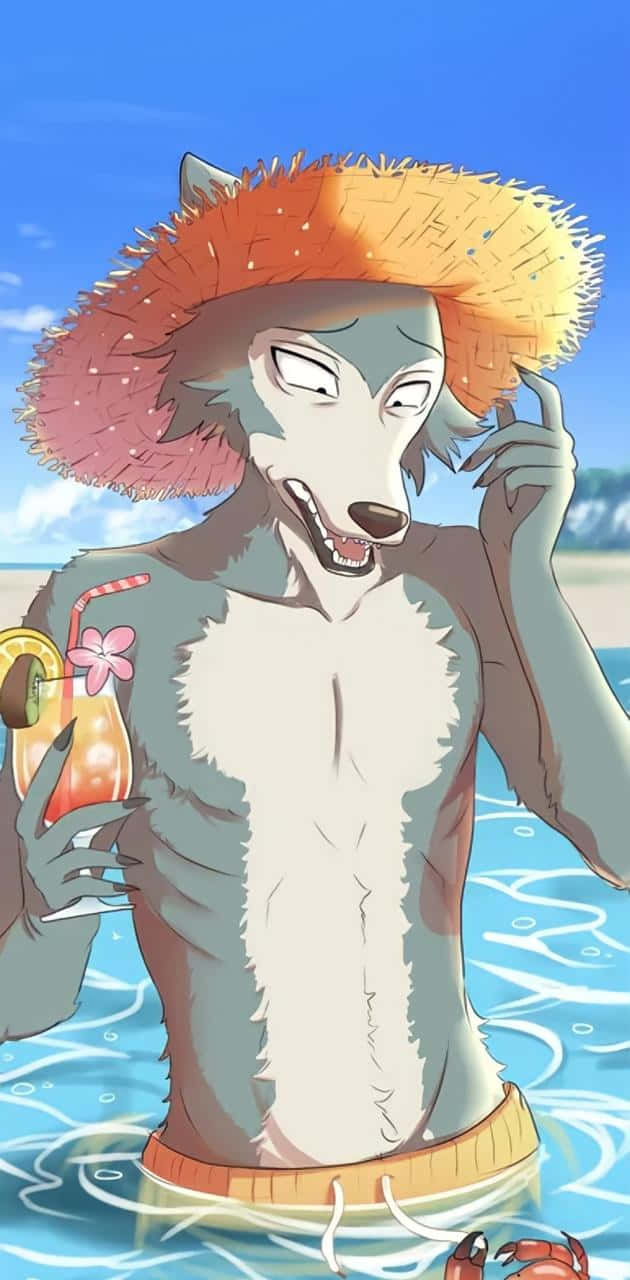 桌布 壁紙 — 一隻放鬆的擬人化狼戴著草帽，站在陽光明媚的海灘海水中啜飲熱帶飲料。