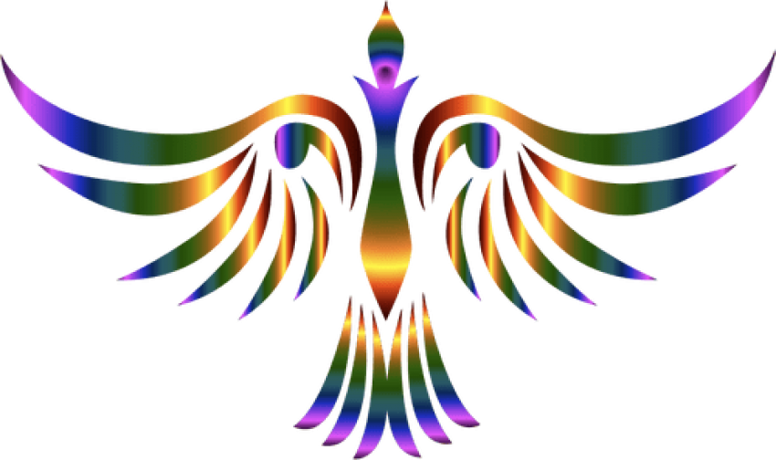 Bird Flying 桌布 壁紙 — 一隻散發光芒的彩虹色鳳凰展開翅膀，在純黑背景上閃耀。