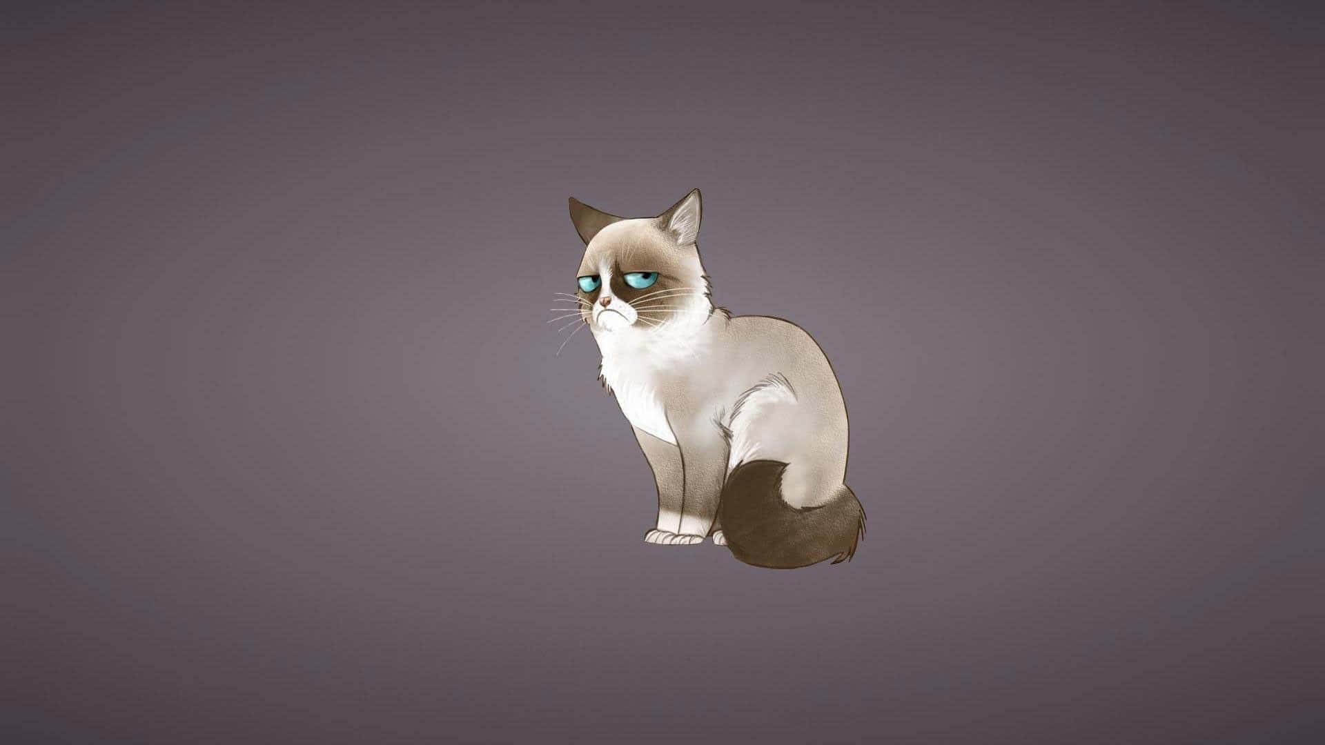 Cute Animations 桌布 壁紙 — 一隻數位插畫的脾氣暴躁貓咪，藍色眼睛，坐在柔和的灰色背景前。