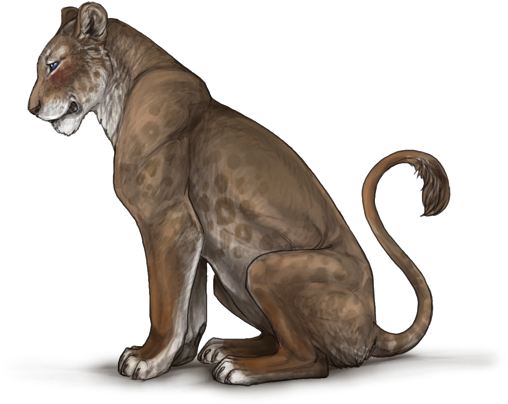Lioness 桌布 壁紙 — 一隻數位渲染的劍齒虎，長有長長的犬齒和斑點皮毛，端坐在純黑色背景前。