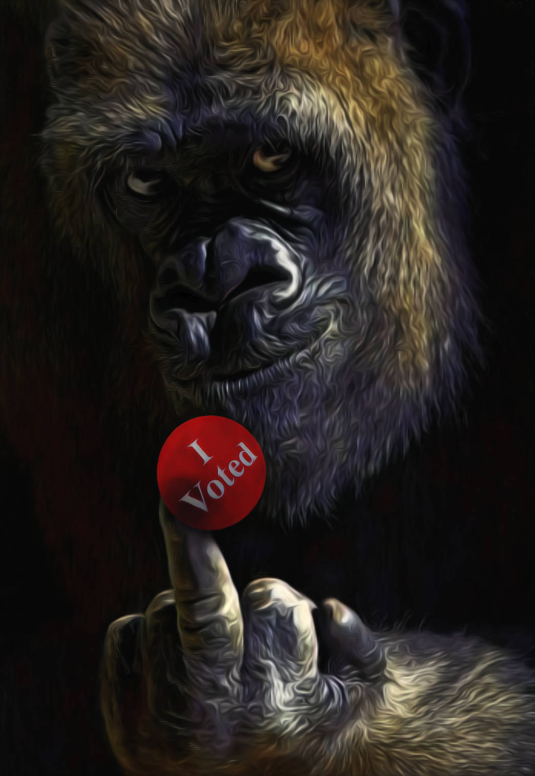 Gorilla 桌布 壁紙 — 一隻數位渲染的大猩猩在深色背景上，表情嚴肅地舉起一個紅色的「我已投票」按鈕。