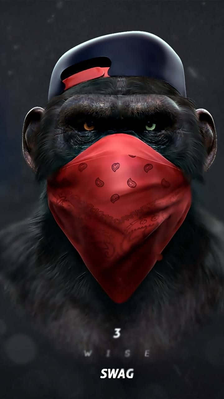 Gorilla 桌布 壁紙 — 一隻數位渲染的黑猩猩，戴著紅色頭巾和藍色帽子，在黑暗粗糙的背景下強烈凝視。
