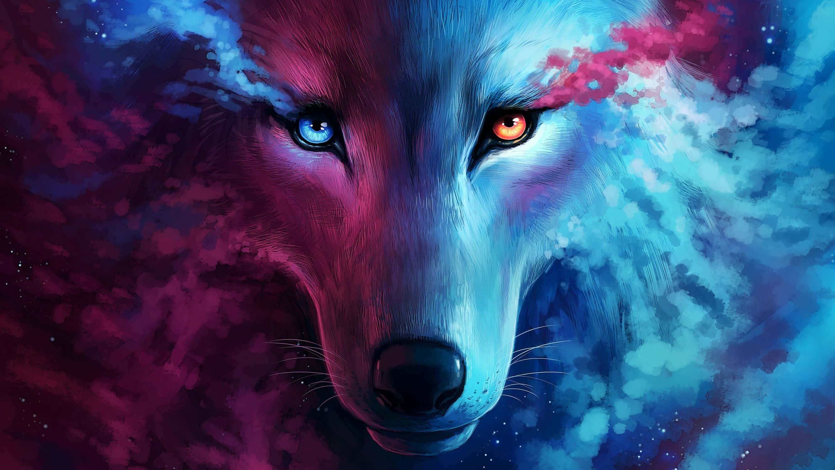 Cool Anime Wolf 桌布 壁紙 — 一隻數位藝術狼，一隻藍眼和一隻橙眼，在紫色和藍色的宇宙星雲中強烈凝視。