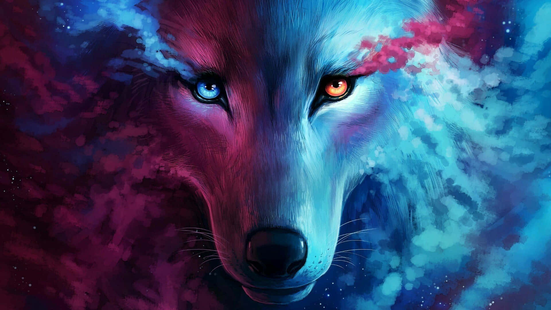 Red Wolf 桌布 壁紙 — 一隻數位藝術狼，一隻藍眼和一隻橙眼，在粉紅和藍色的宇宙星雲中強烈凝視。